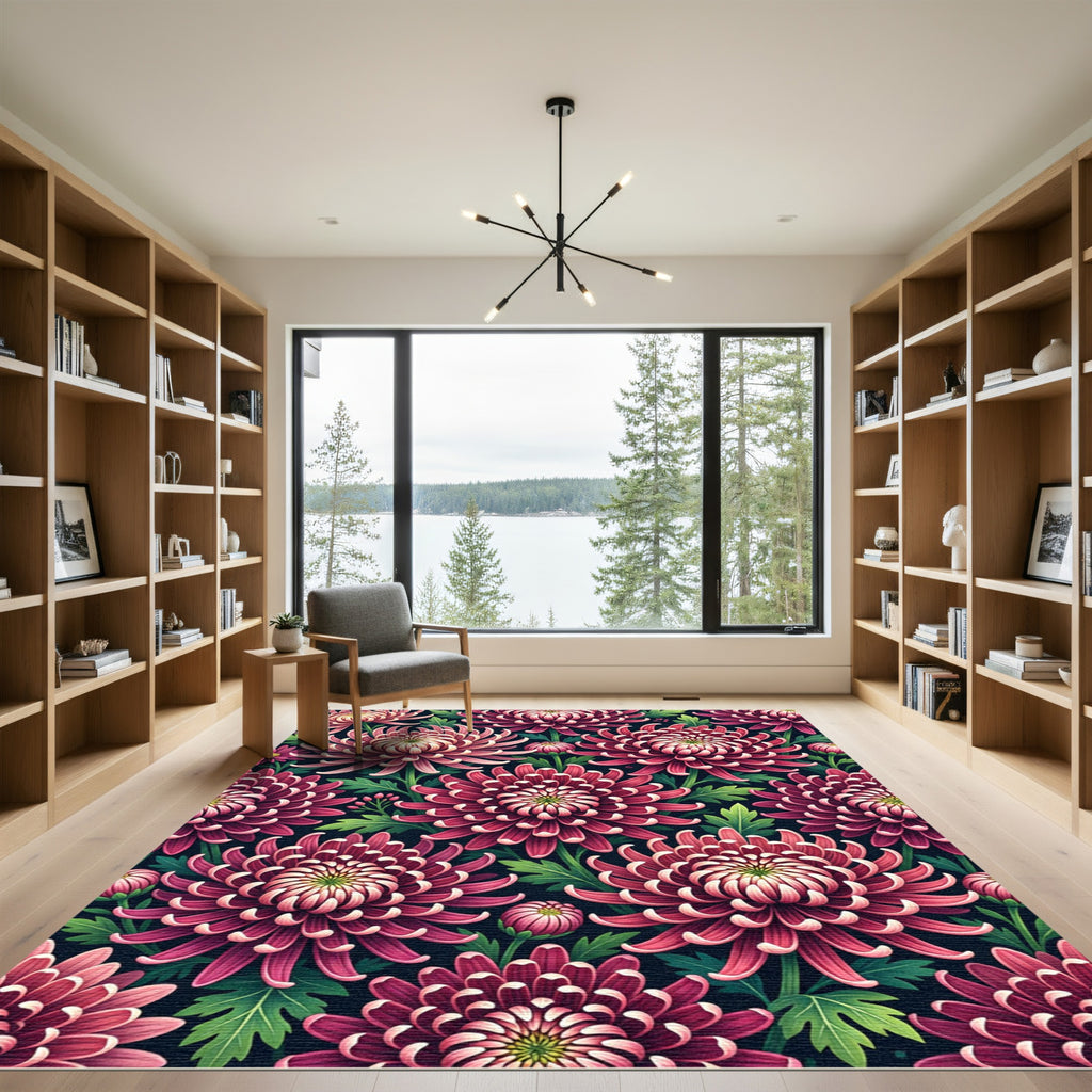 Burgundy Chrysanthemum Floral Garden Rug