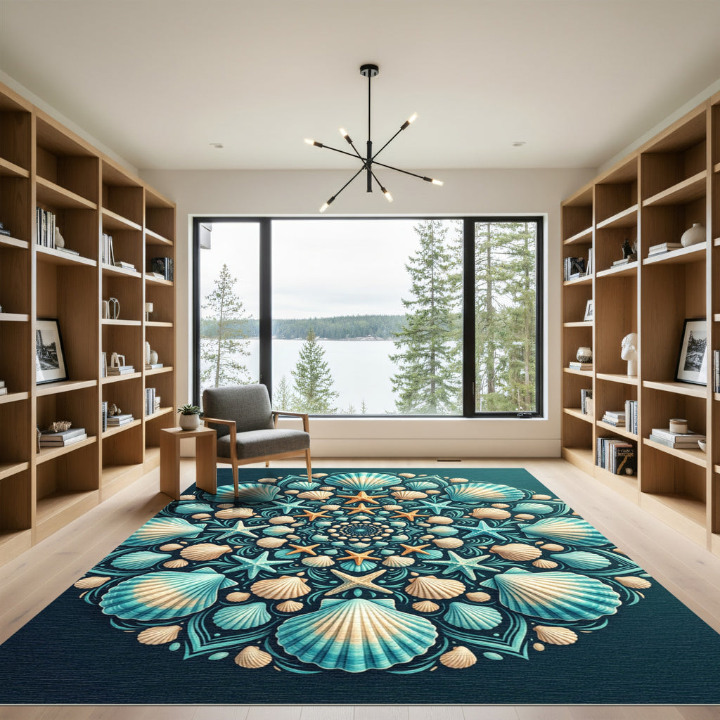 Coastal Teal Shell Starfish Mandala Rug
