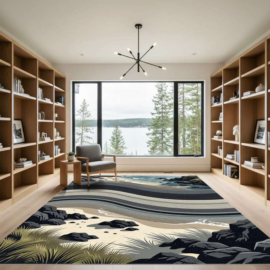 Coastal Serene Shoreline Wave Lines Rug