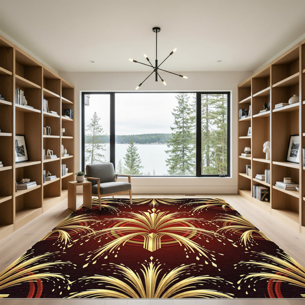 Art Deco Gold Fireworks Crimson Rug