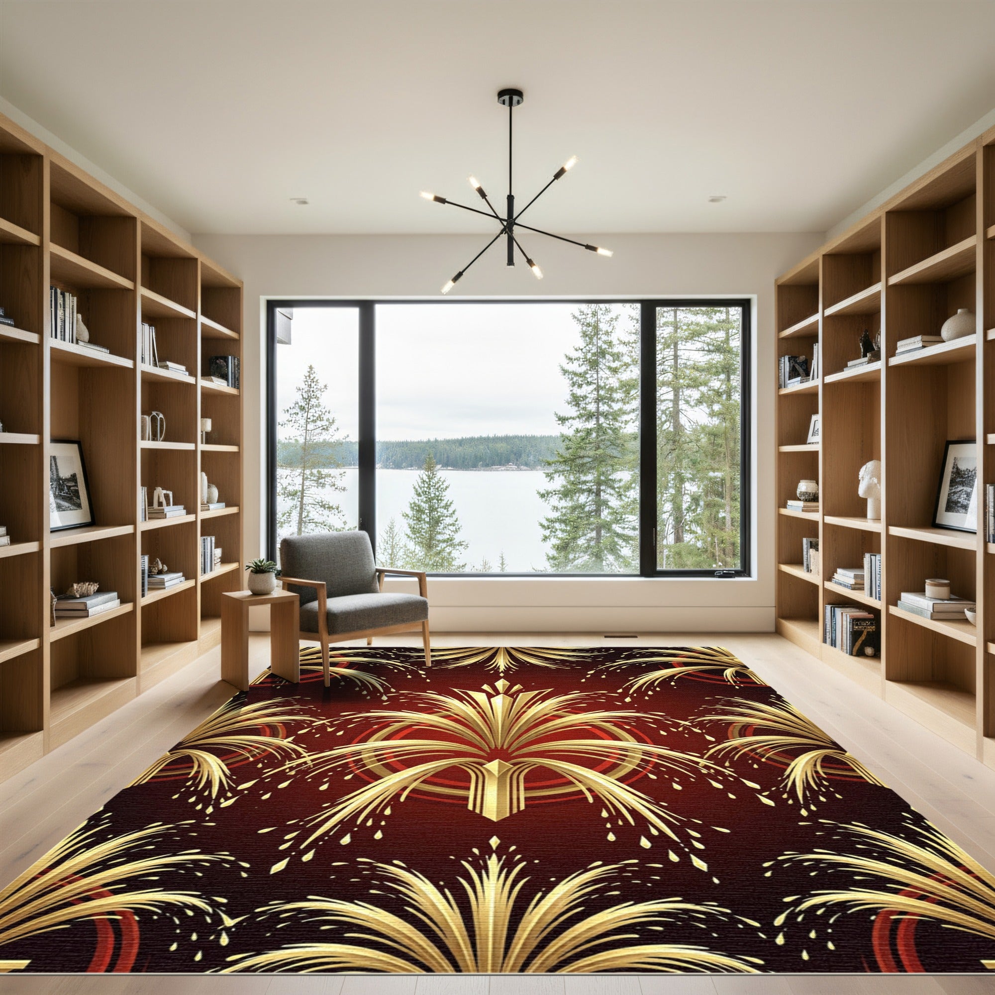 Art Deco Gold Fireworks Crimson Rug