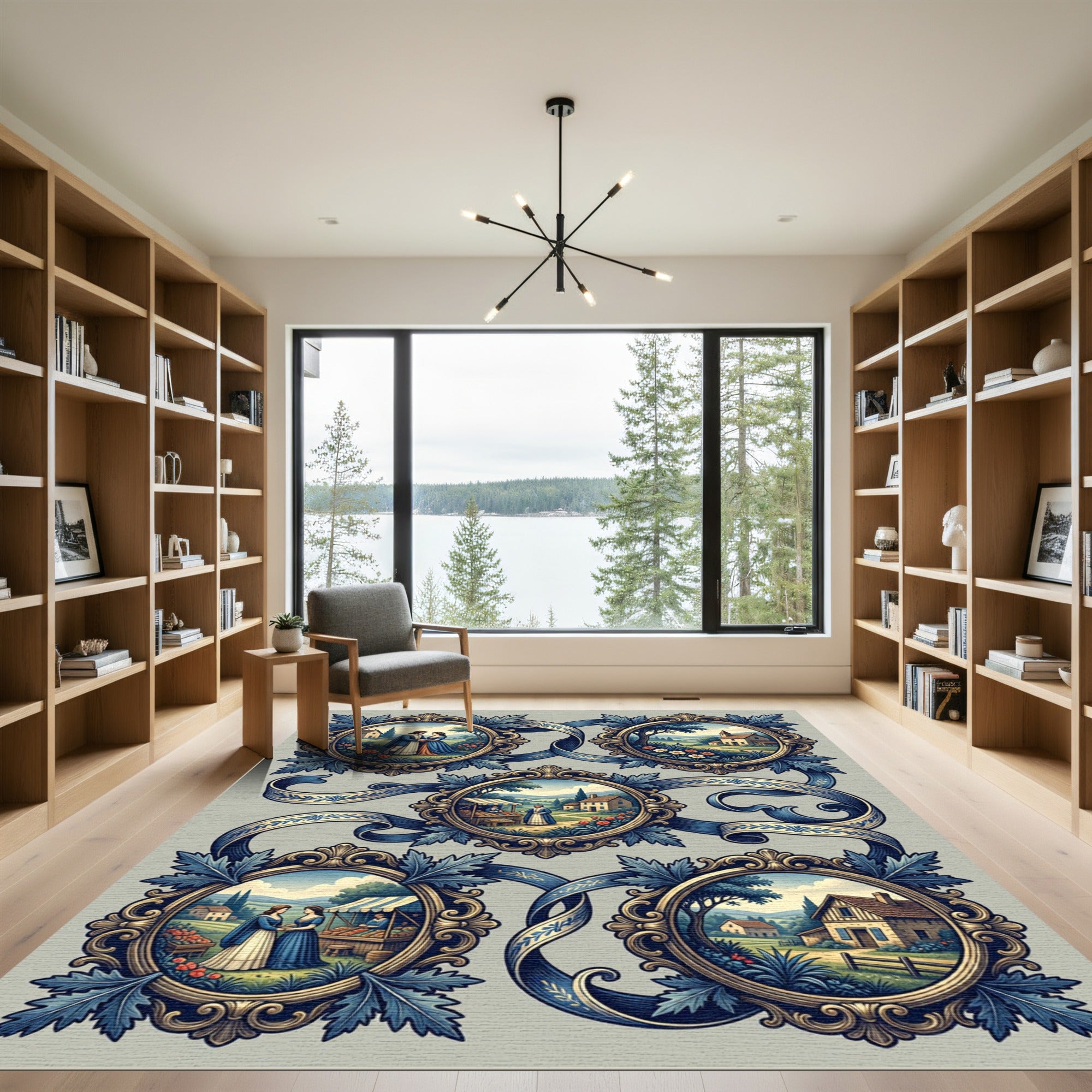 Ornate Blue Ribbon Village Scene Rug