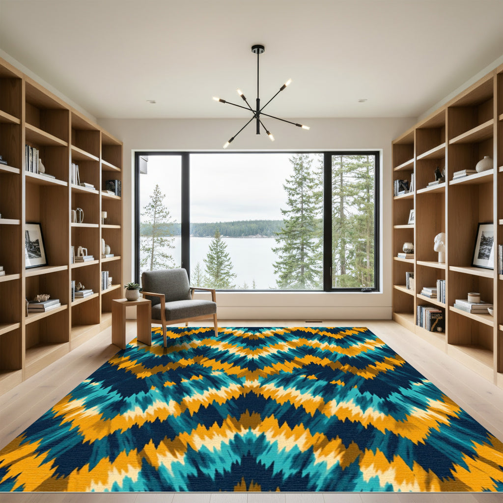 Teal Ochre Blue Jagged Chevron Rug