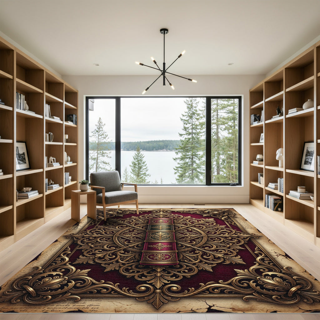 Ornate Crimson Gold Filigree Medallion Rug