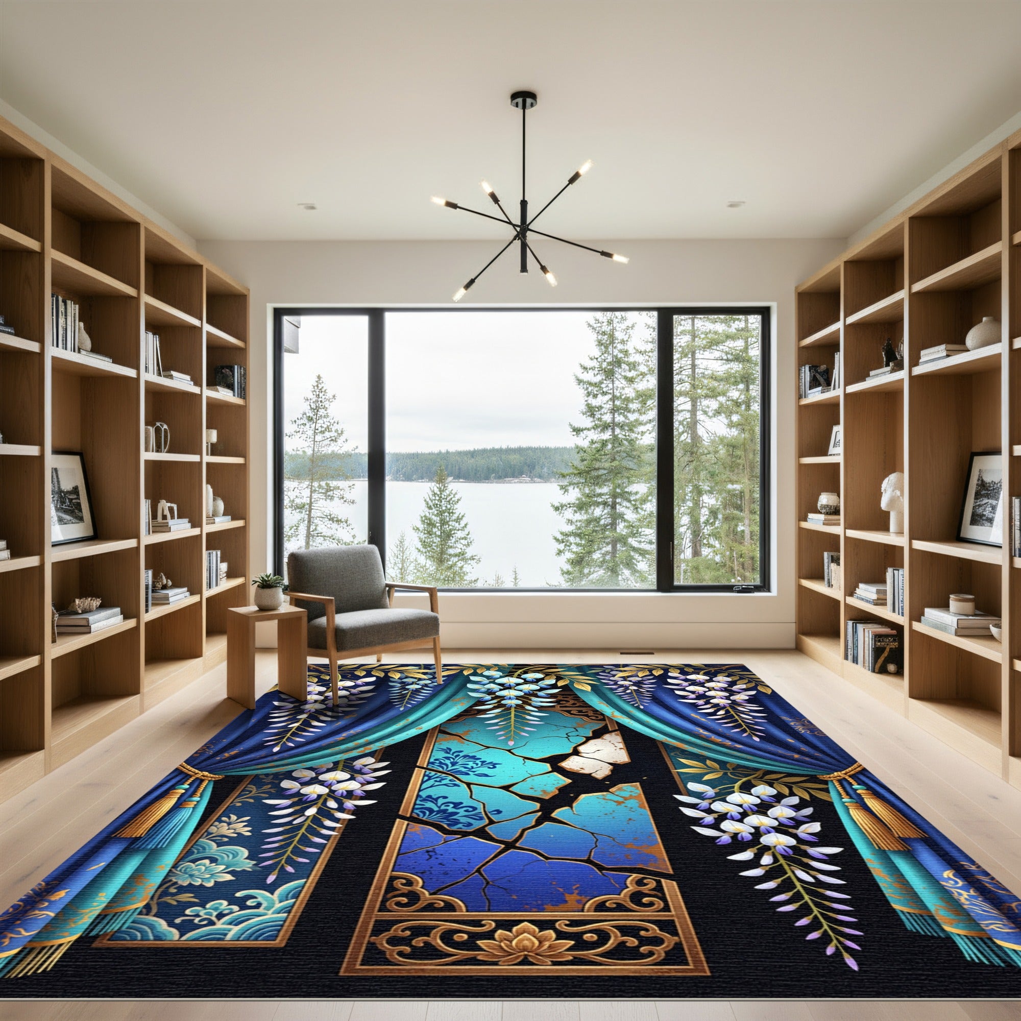 Rich Blue Wisteria Golden Foliage Tassels Rug