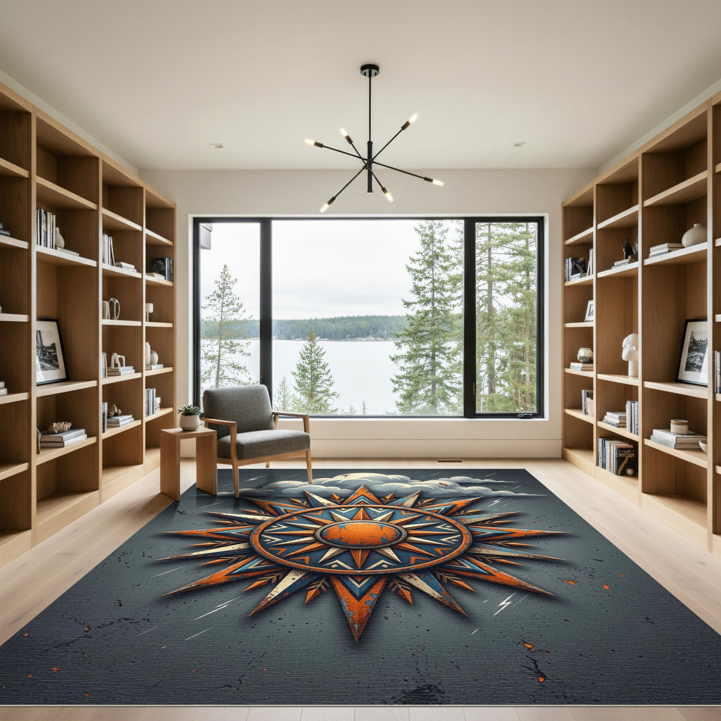 Weathered Orange Blue Celestial Compass Rug