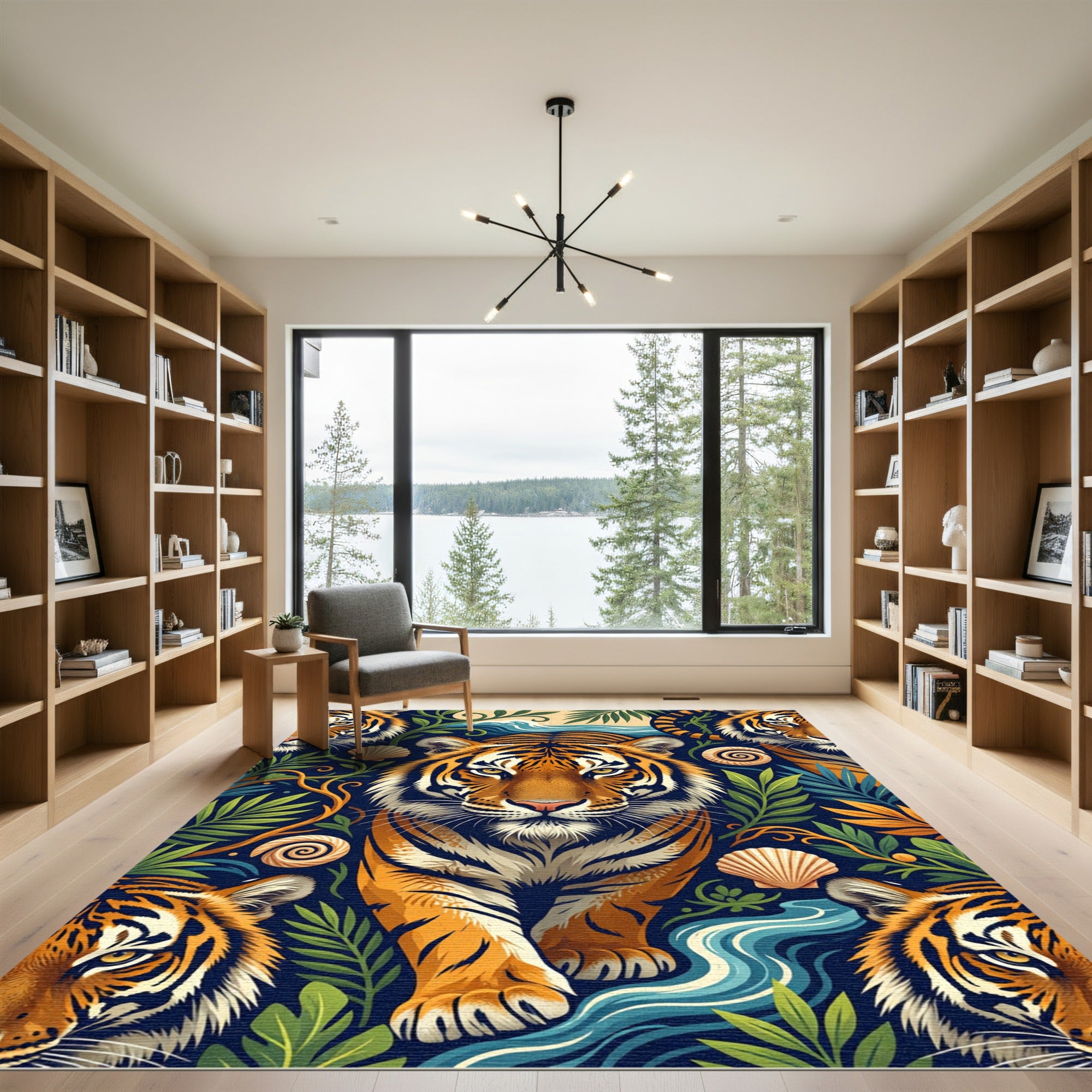 Vibrant Tiger Jungle Tropical Scene Rug