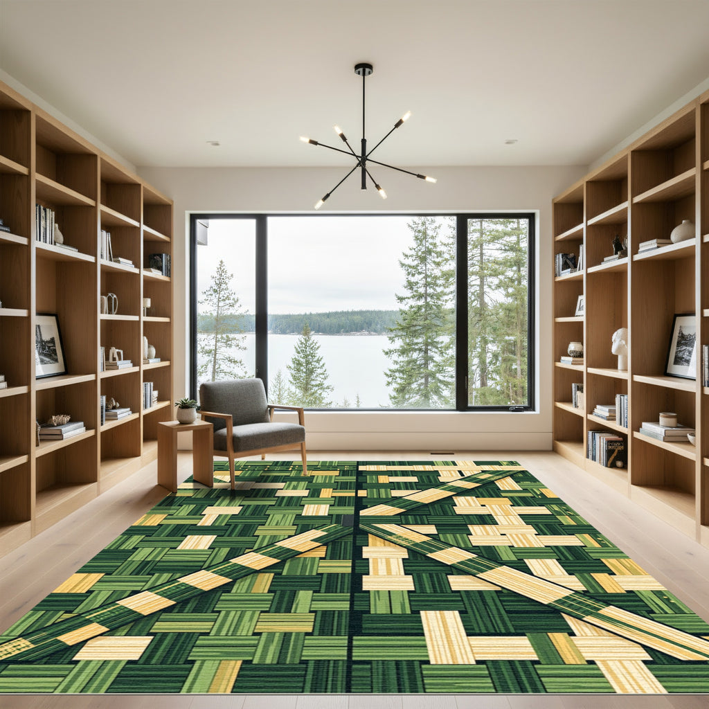 Green Yellow Woven Stripe Composition Rug