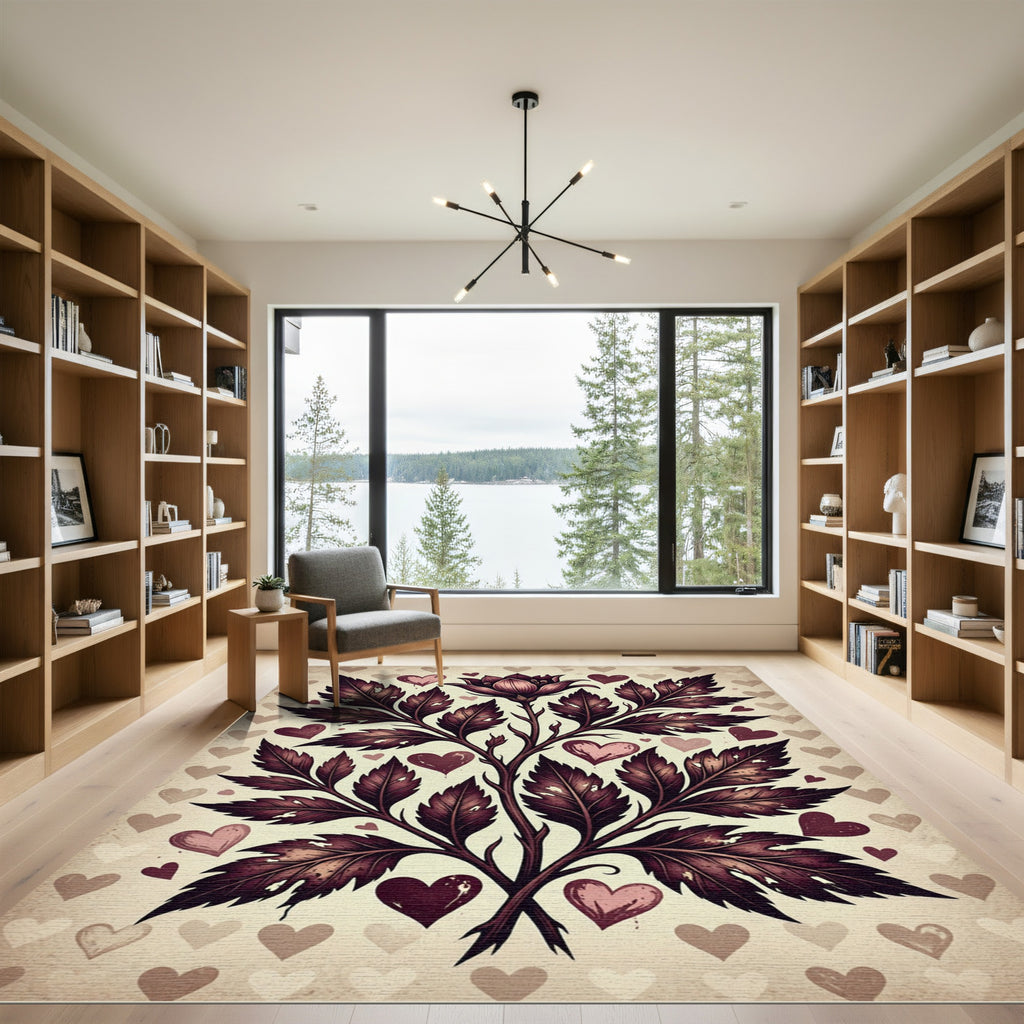 Romantic Maroon Foliage and Heart Accent Rug
