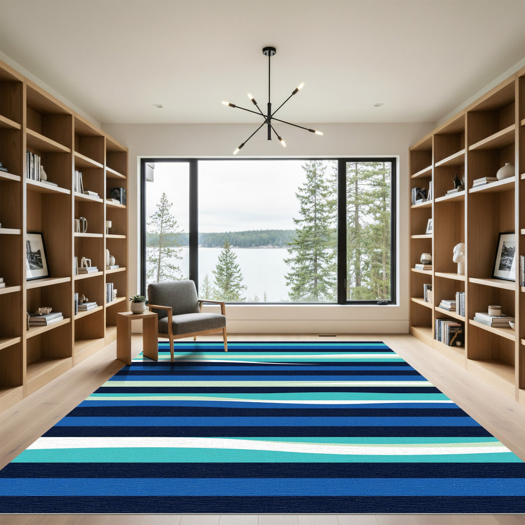 Modern Blue and Teal Wavy Stripe Rug