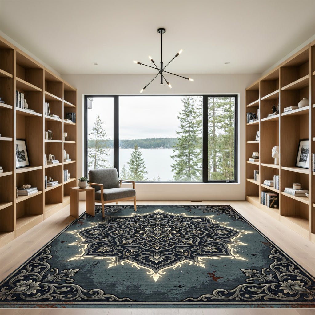 Ornate Dark Charcoal Gilded Floral Mandala Rug