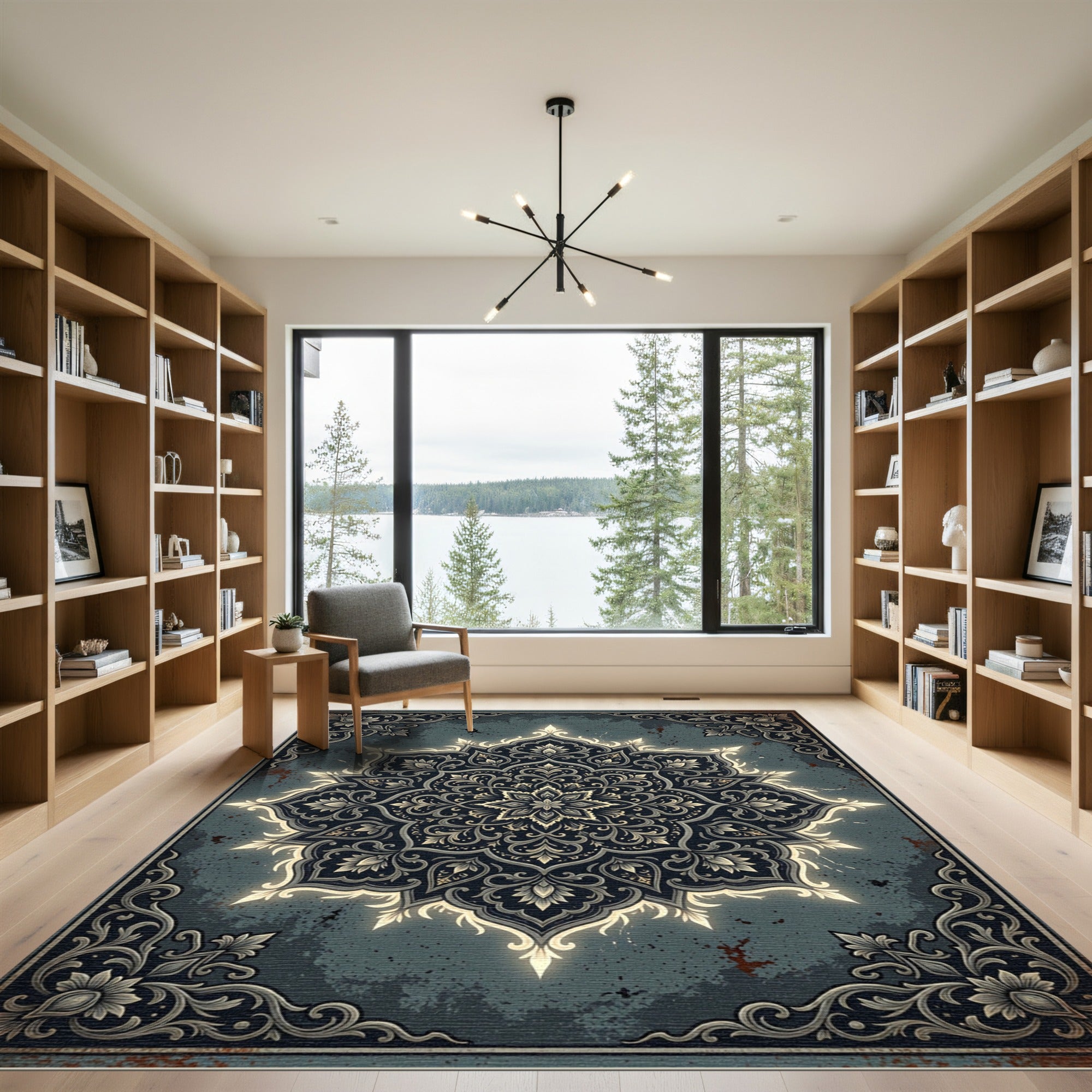 Ornate Dark Charcoal Gilded Floral Mandala Rug