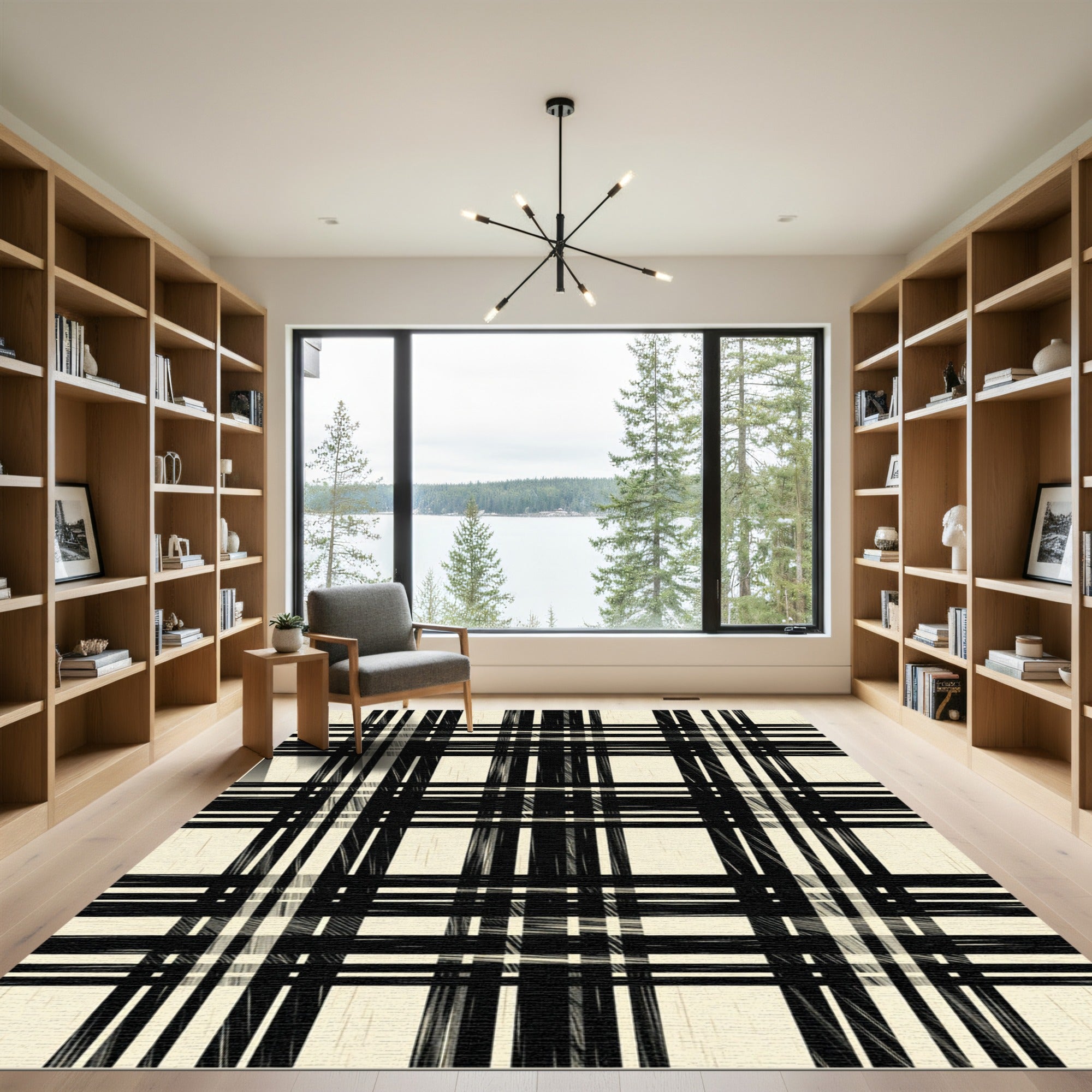 Modern Black and Beige Plaid Rug
