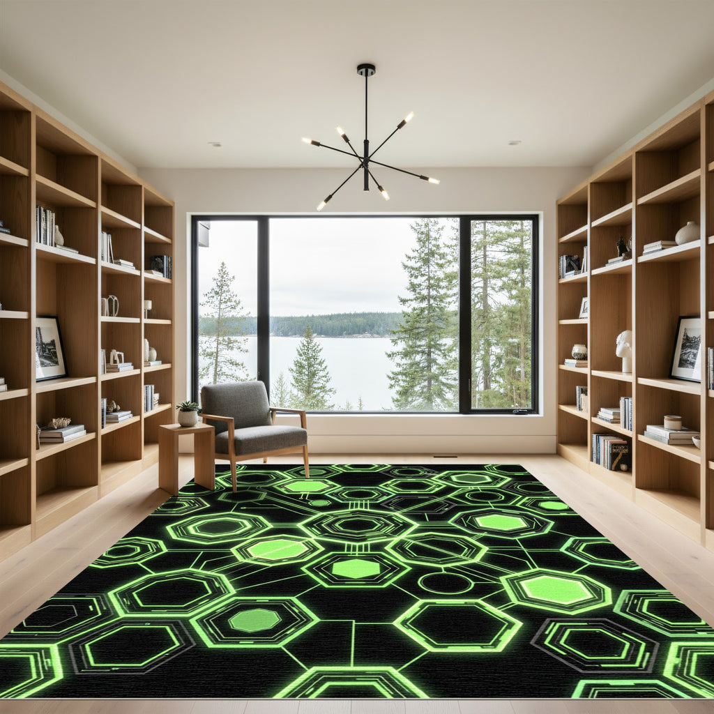 Neon Green Cybernetic Geometric Hexagon Grid Rug