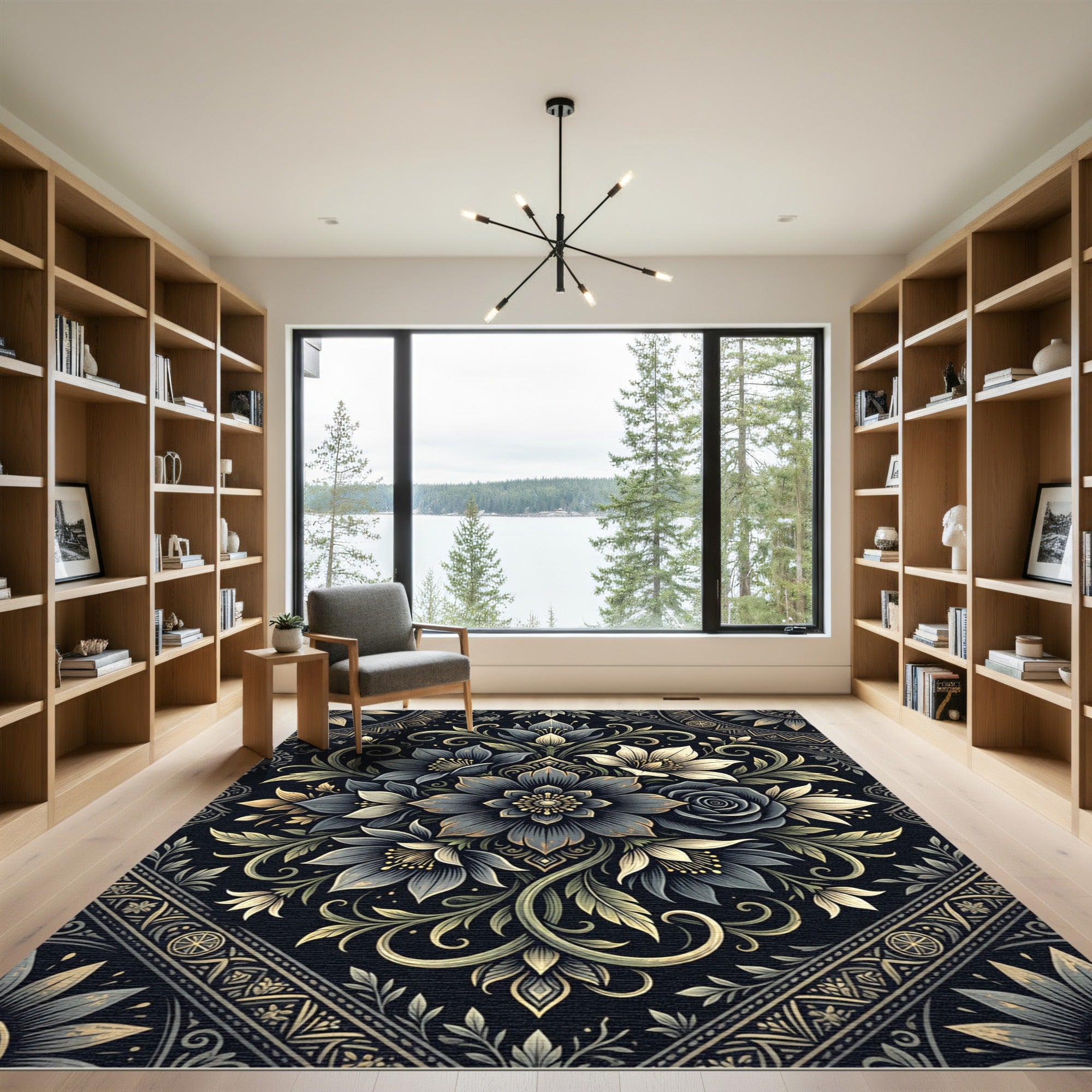 Elegant Charcoal Gold Floral Medallion Rug