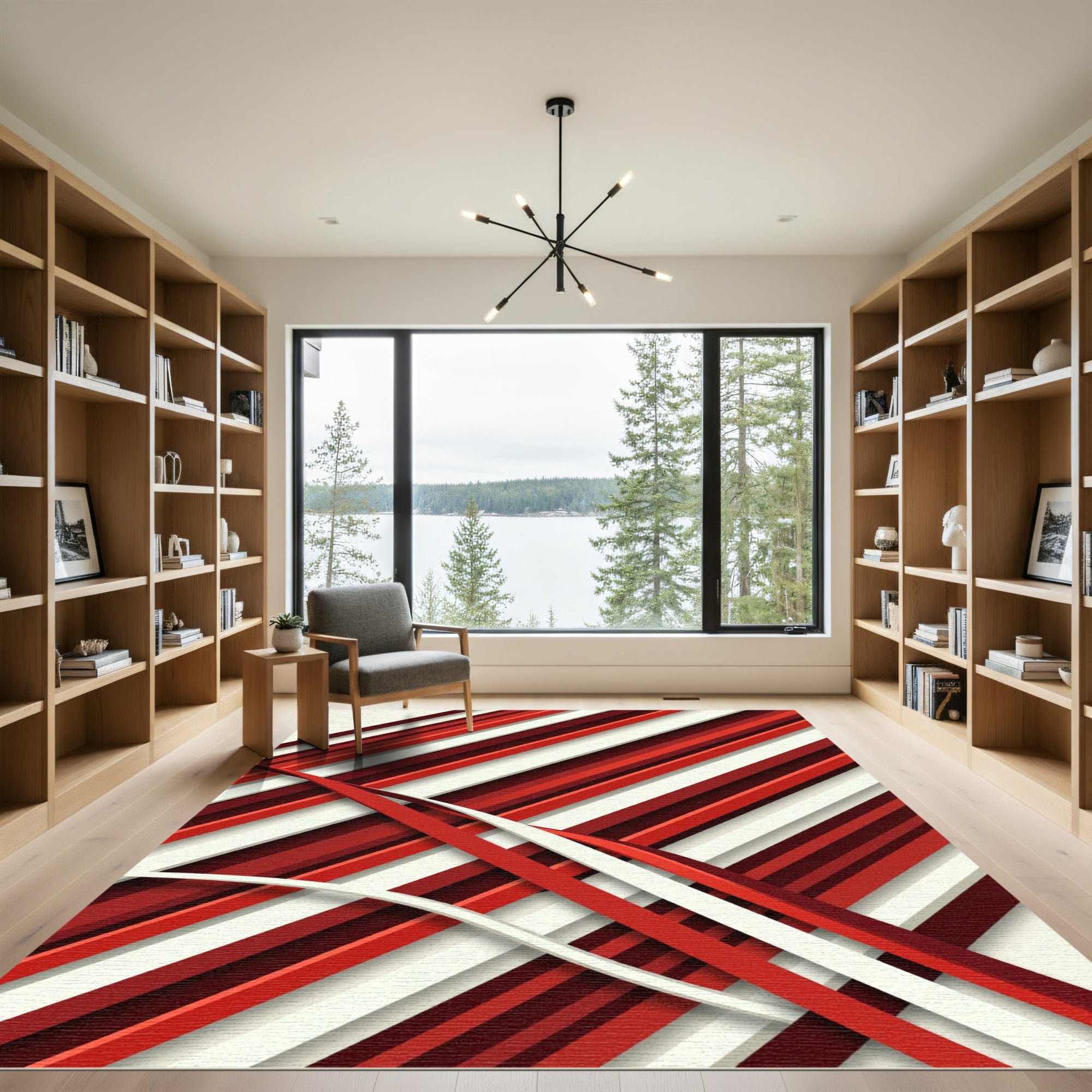 Crimson Red Diagonal Stripe Overlay Rug