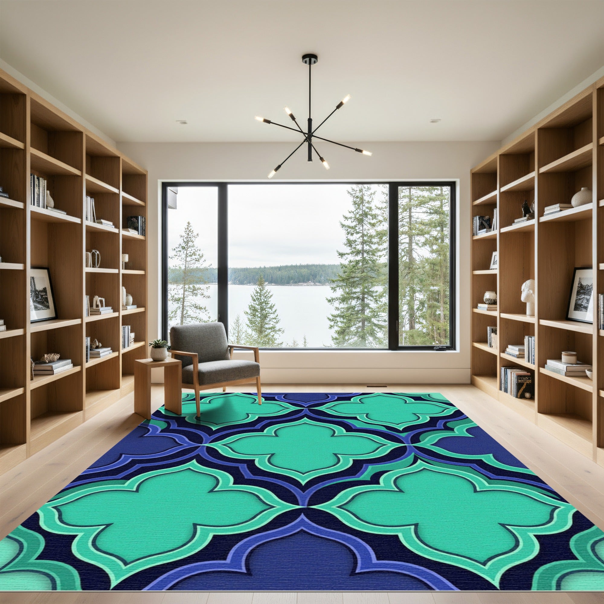 Teal Quatrefoil Geometric Layered Navy Rug
