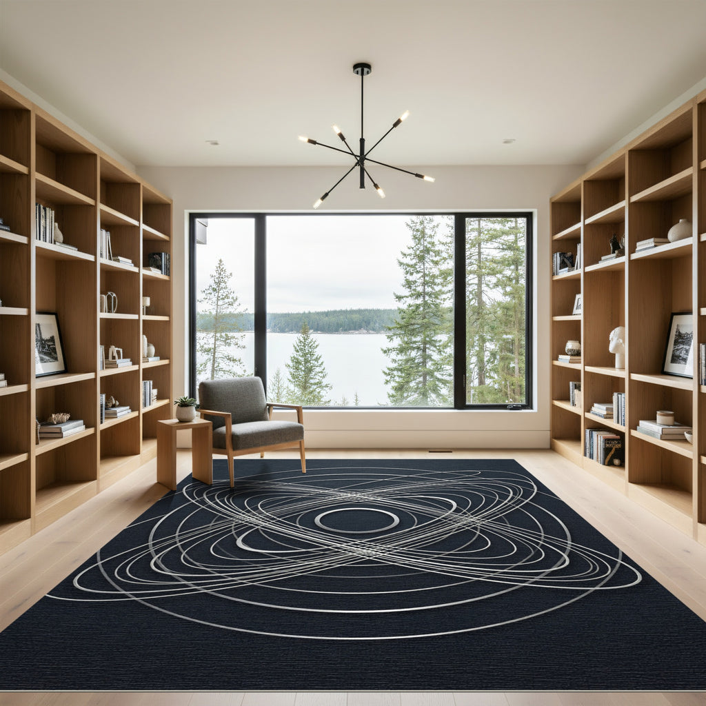 Silver Orbital Abstract Geometric Rug