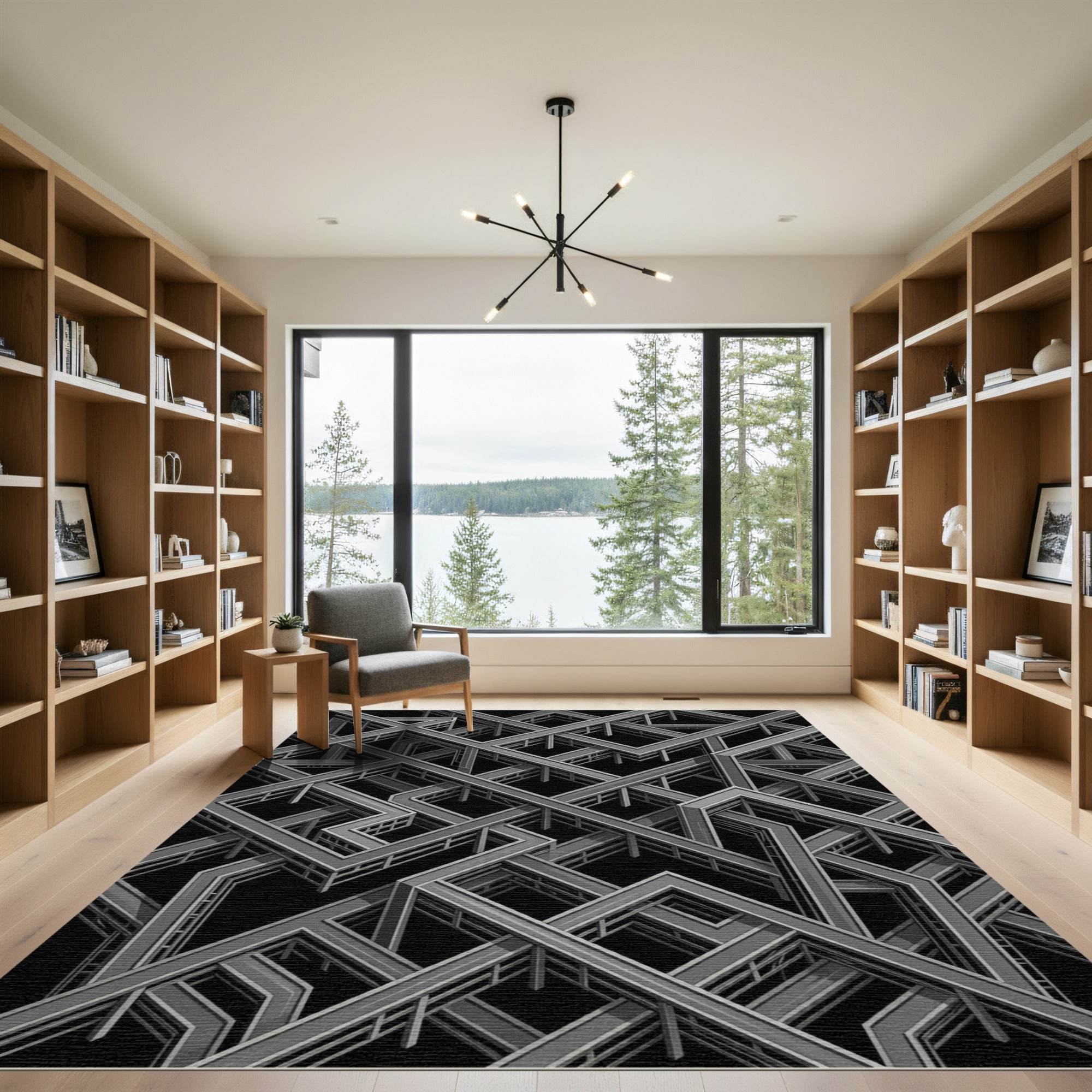 Monochromatic Industrial Steel Architectural Geometric Rug