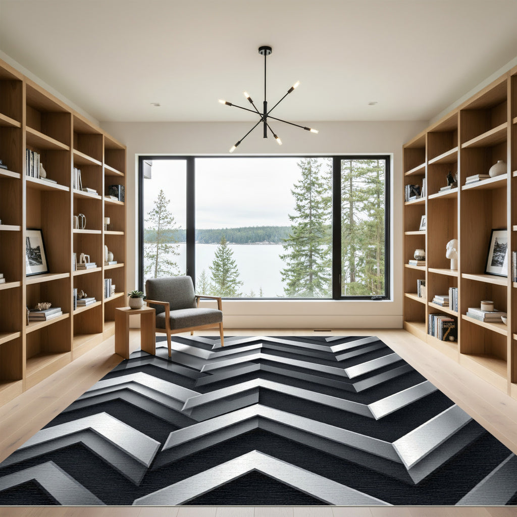 Metallic Silver Geometric Chevron Abstract Rug