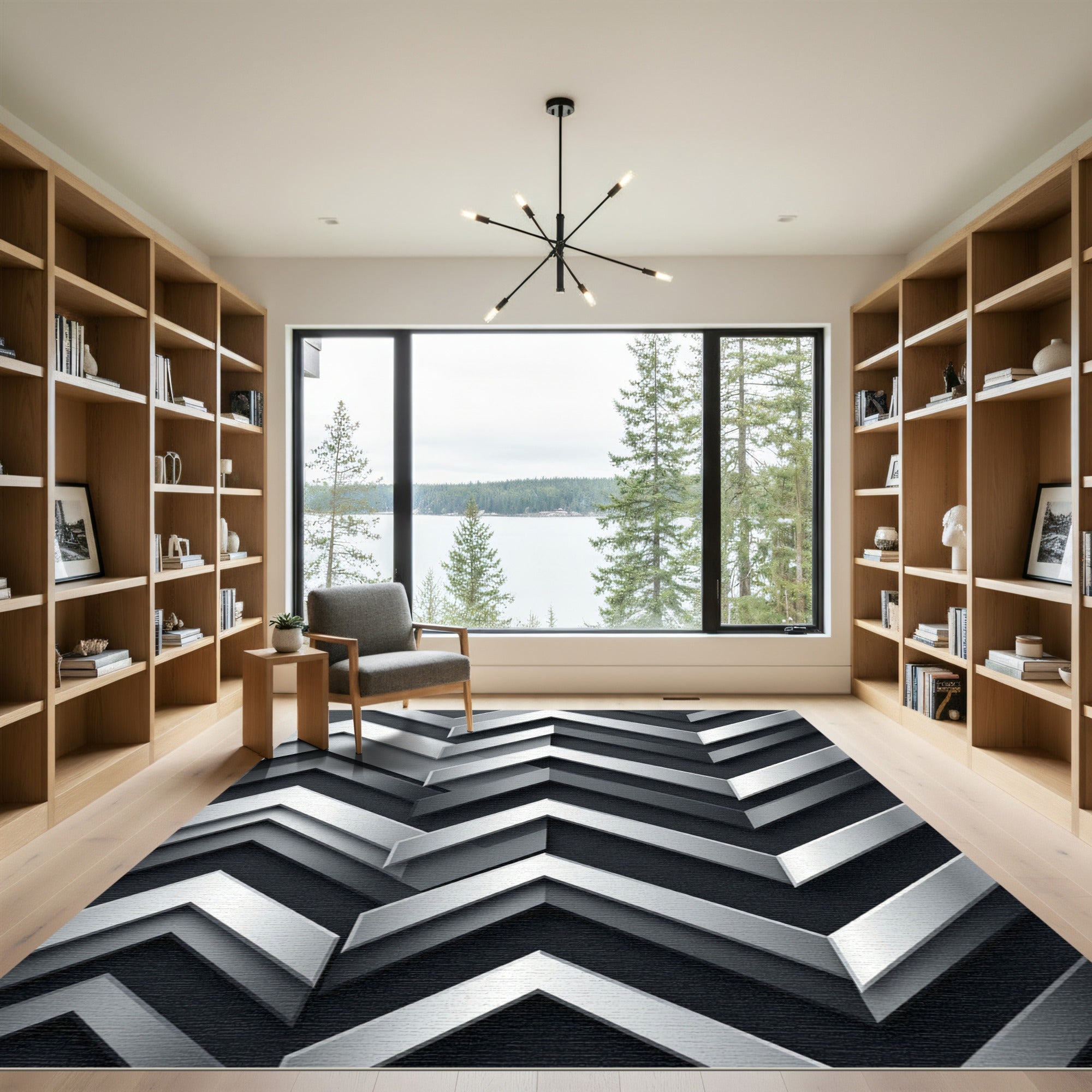Metallic Silver Geometric Chevron Abstract Rug
