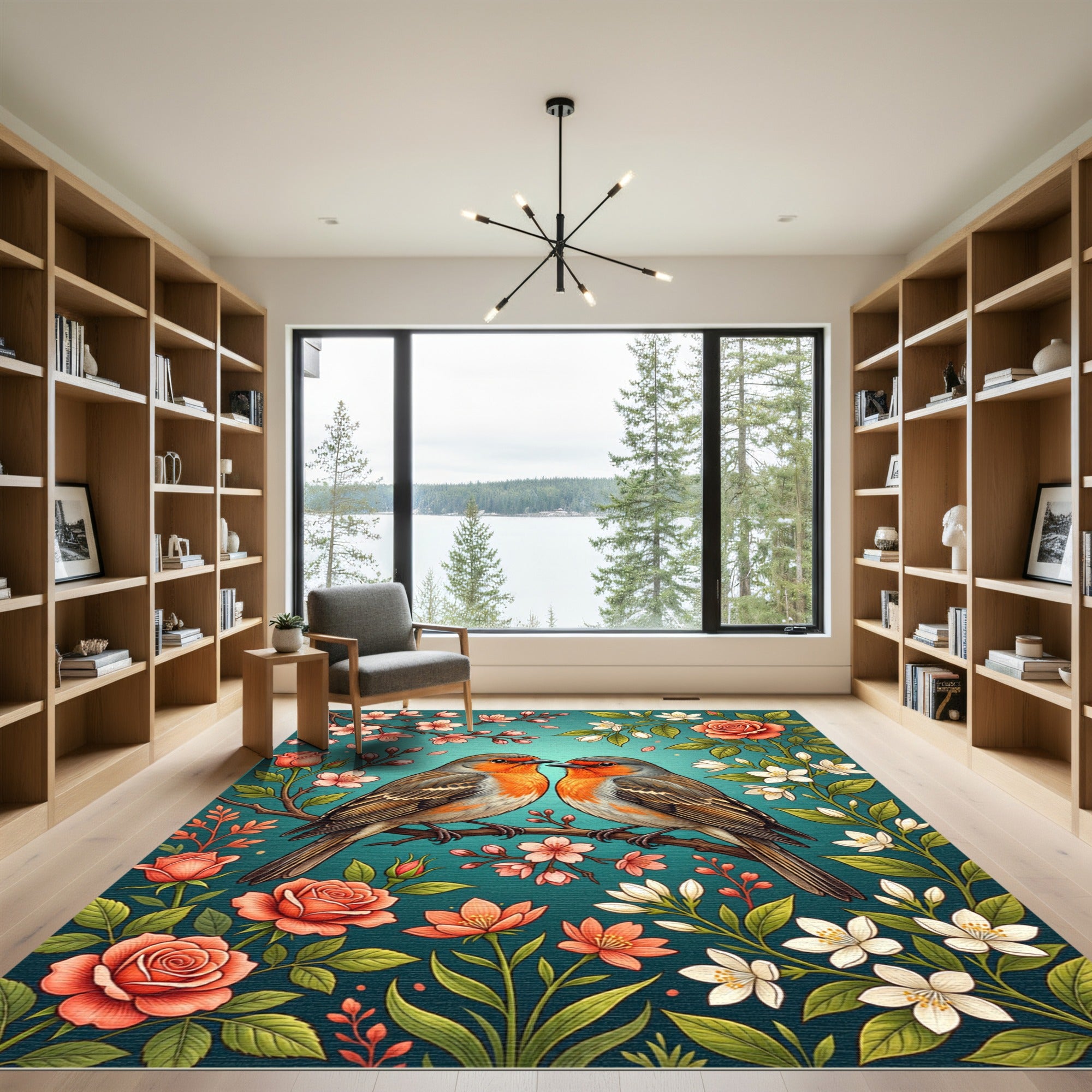 Coral Robins Amidst Floral Branches Rug