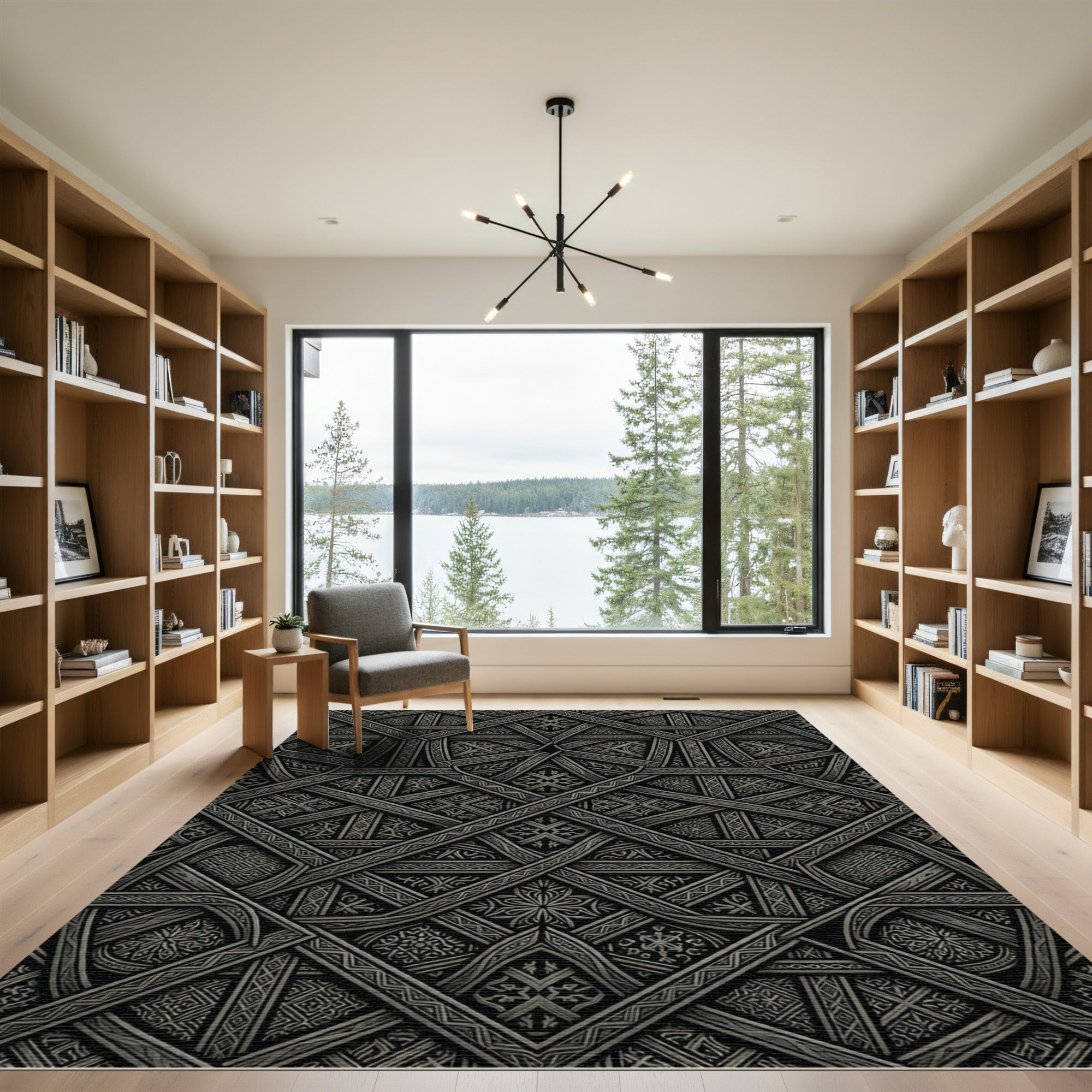 Intricate Charcoal Geometric Interlocking Lattice Rug