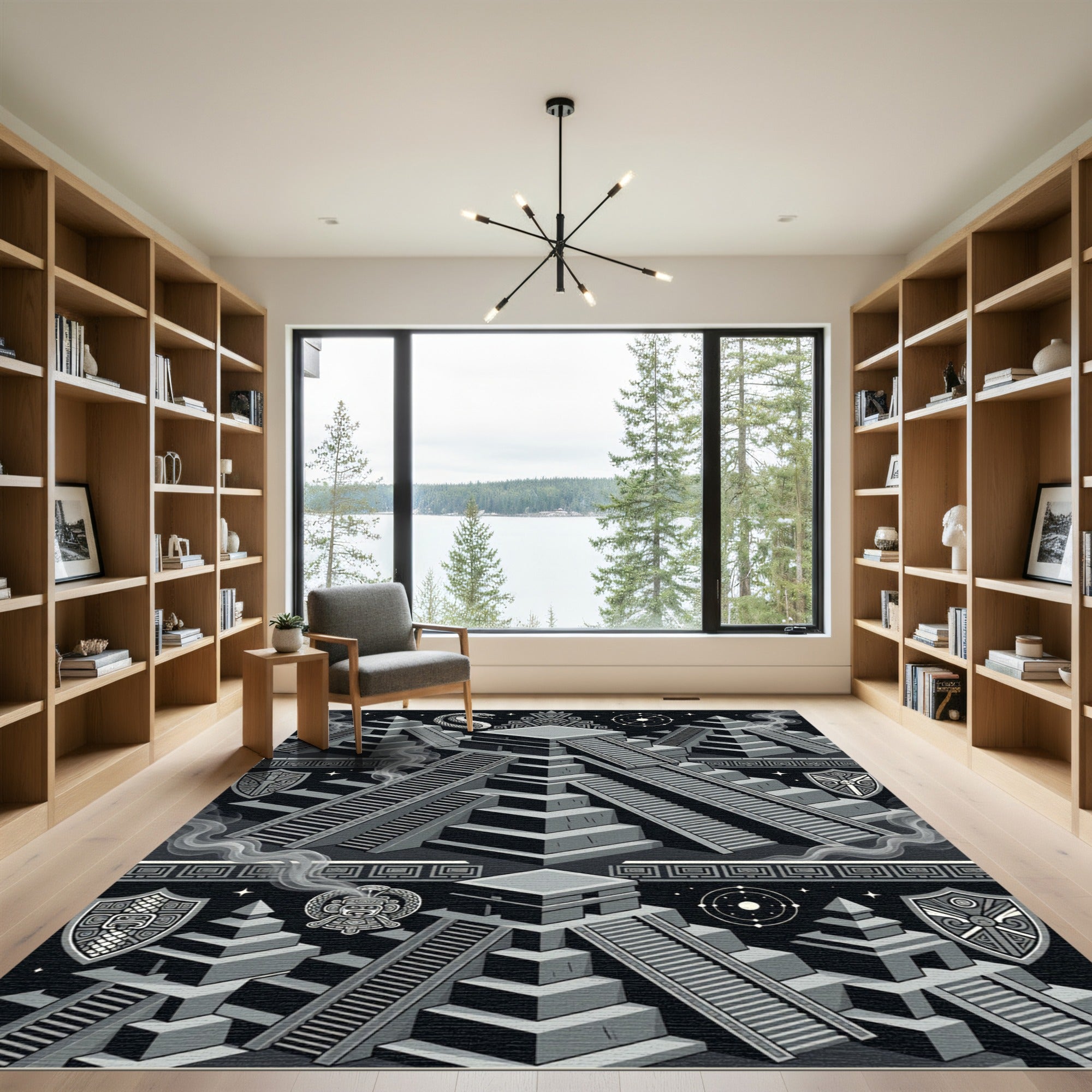 Monochrome Aztec Pyramid Celestial Geometry Rug