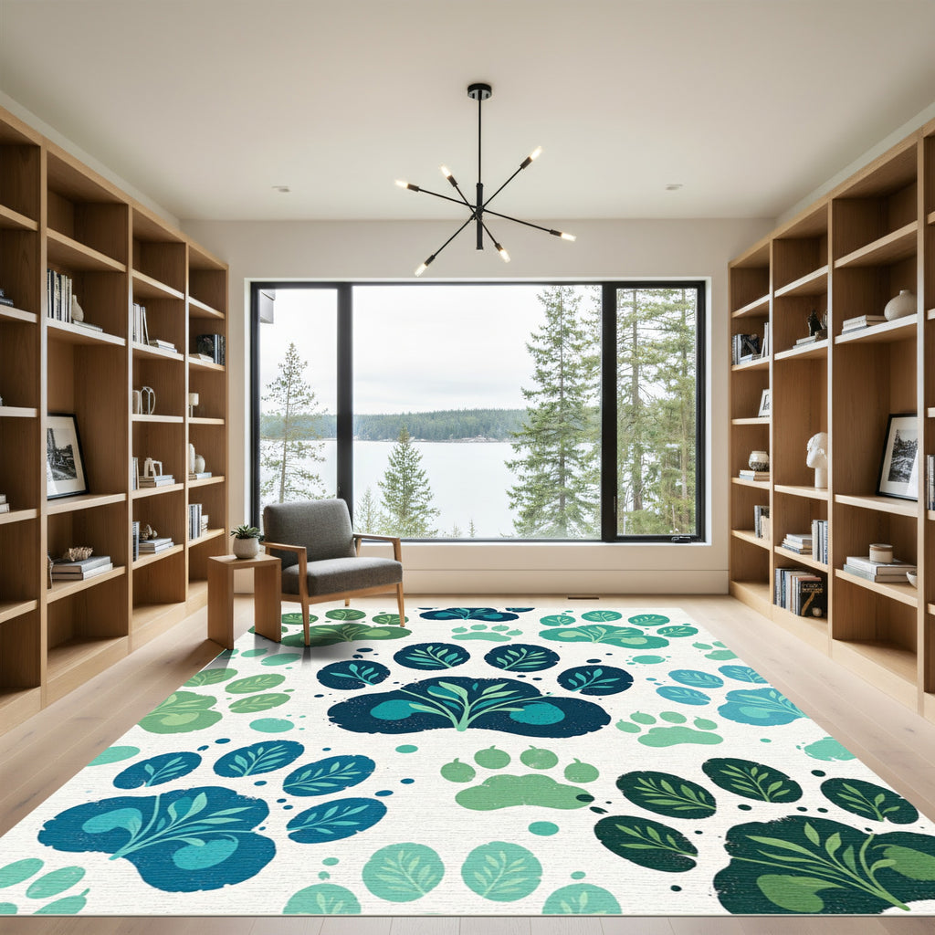 Green Teal Paw Print Botanical Composition Rug