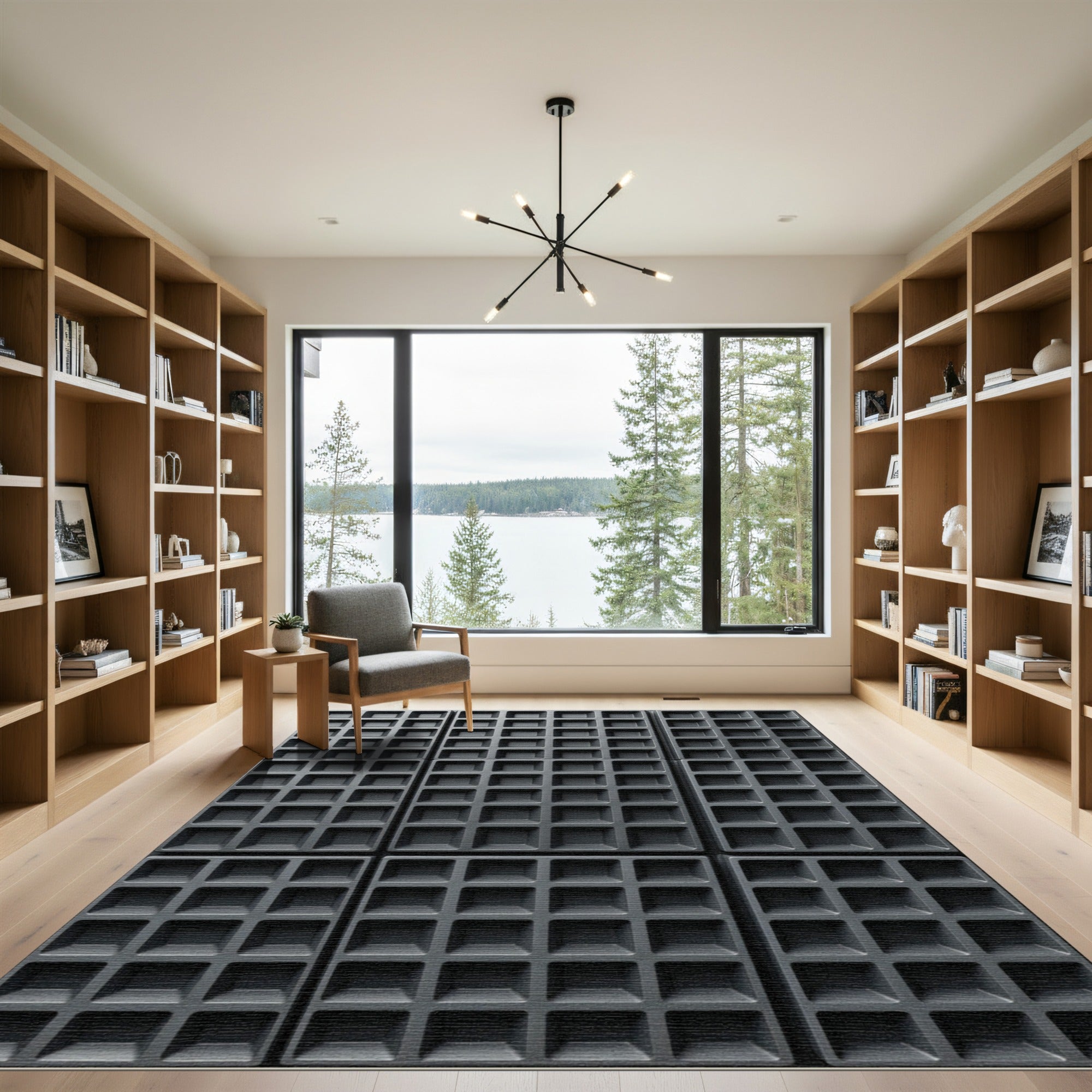 Minimalist Charcoal Structured Grid Square Rug
