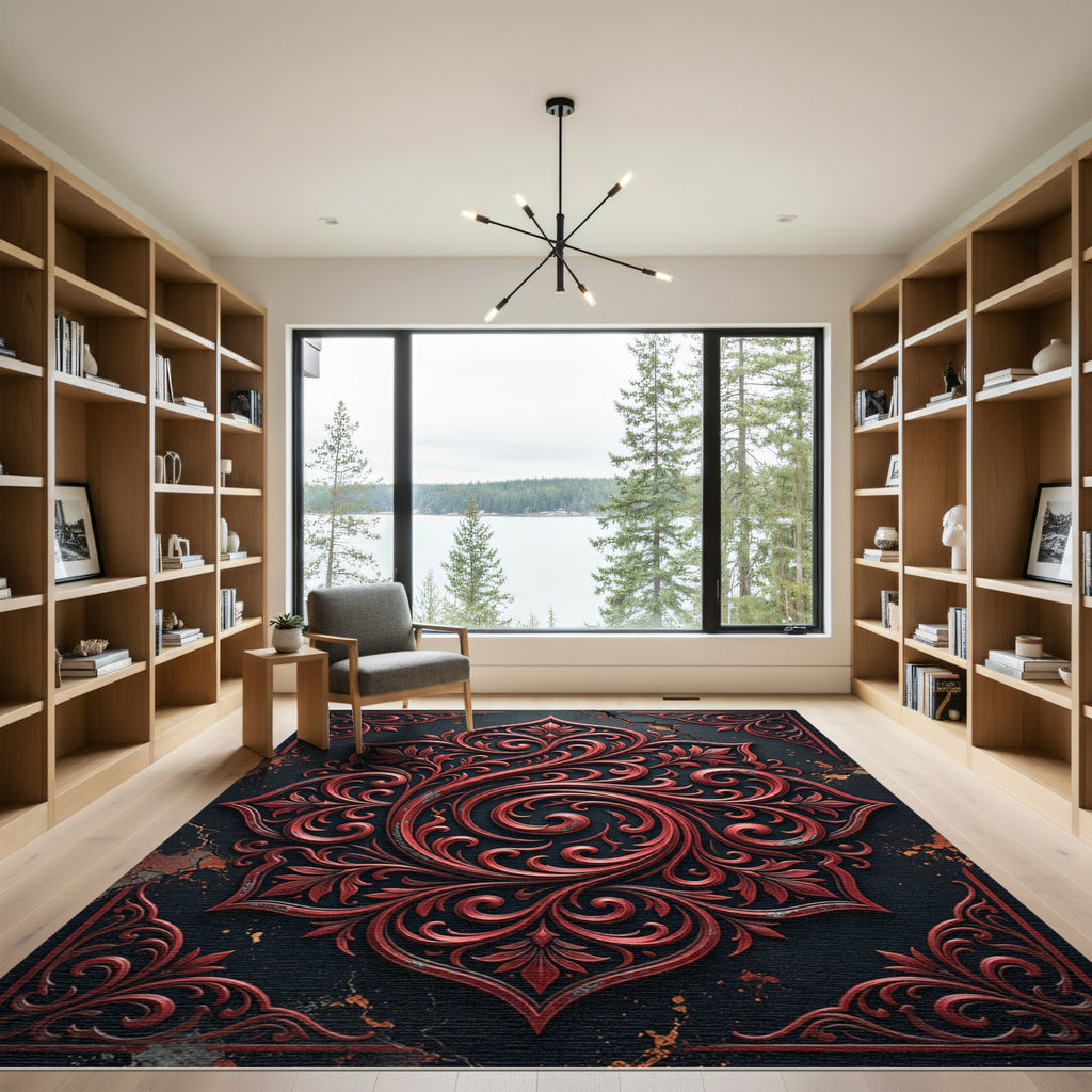 Gothic Crimson Scroll Medallion Art Rug
