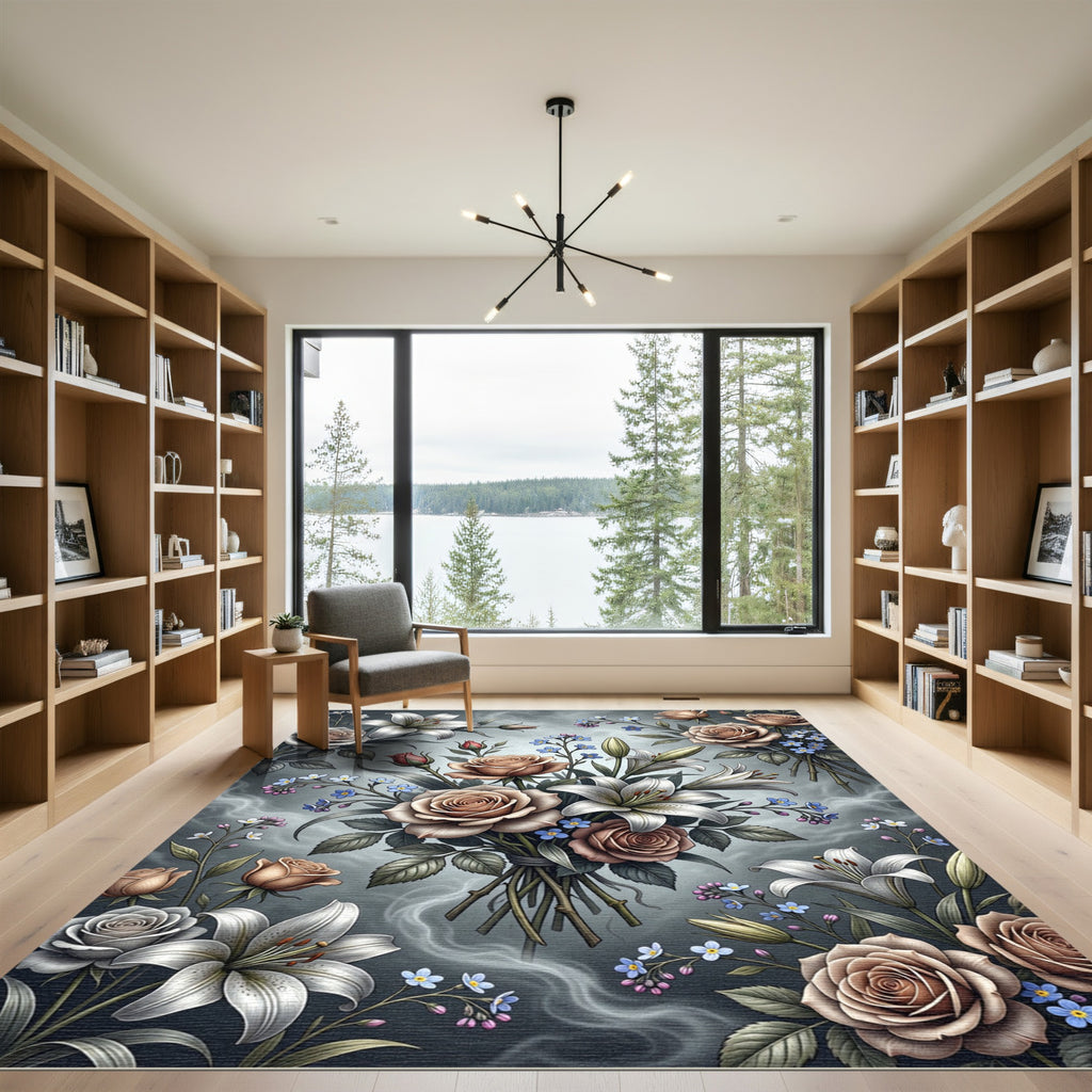 Elegant Muted Floral Bouquet Rose Lily Rug