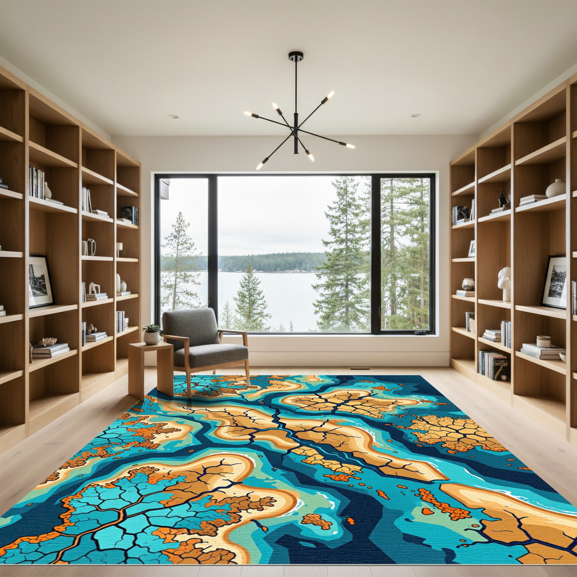 Abstract Teal Orange Cracked Earth Rug