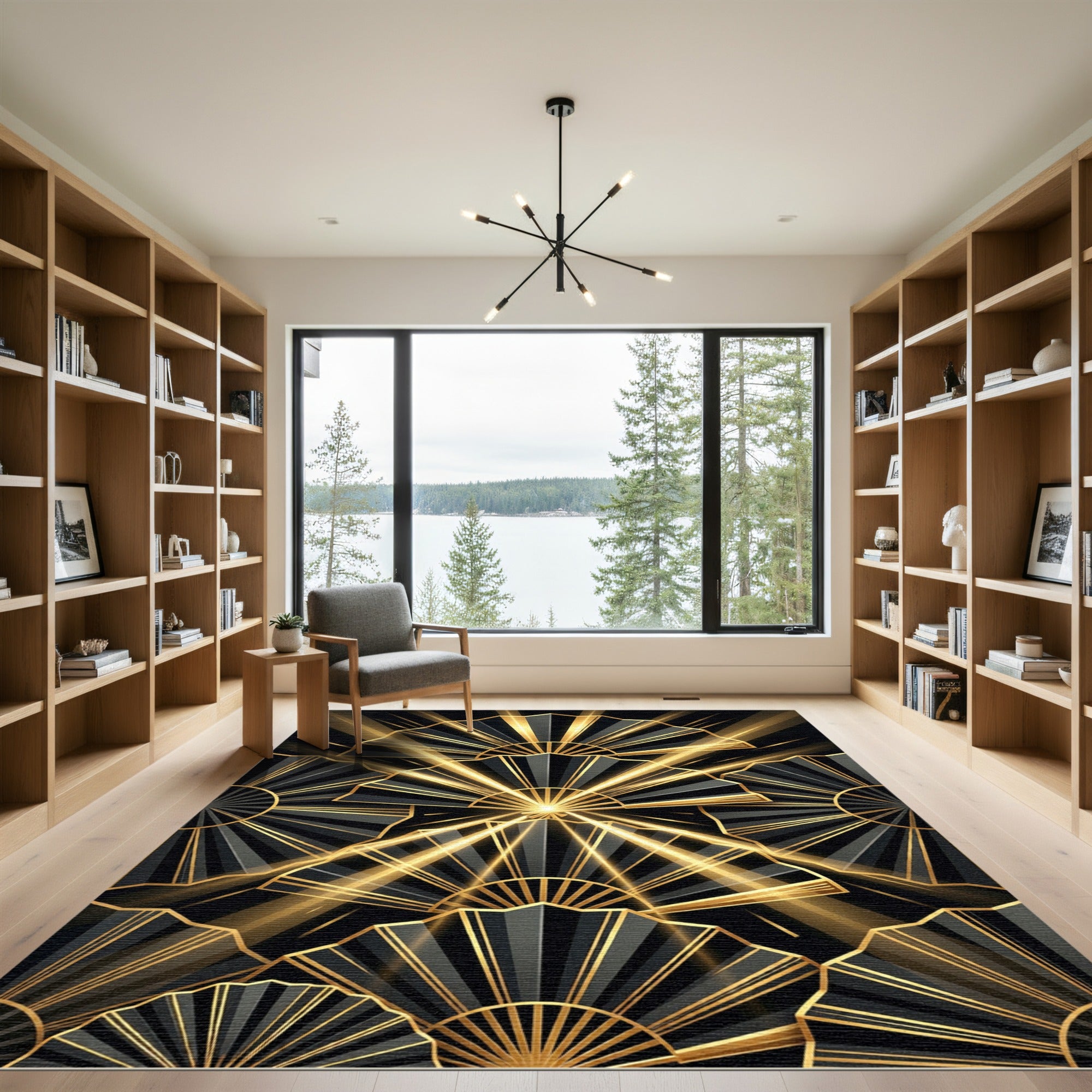 Art Deco Golden Fan Black Rug