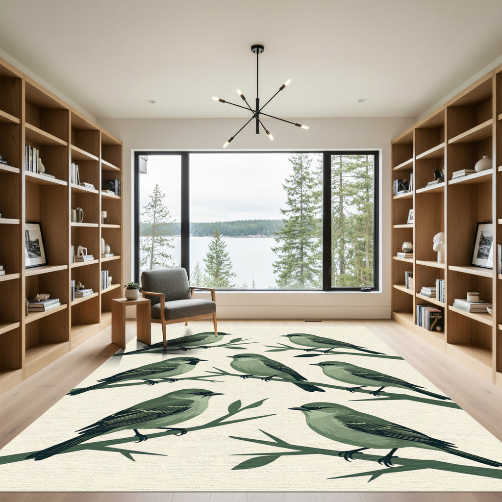 Sage Green Perched Songbird Illustration Rug