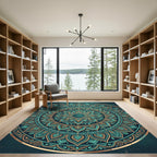 Teal and Gold Radiant Lotus Mandala Rug