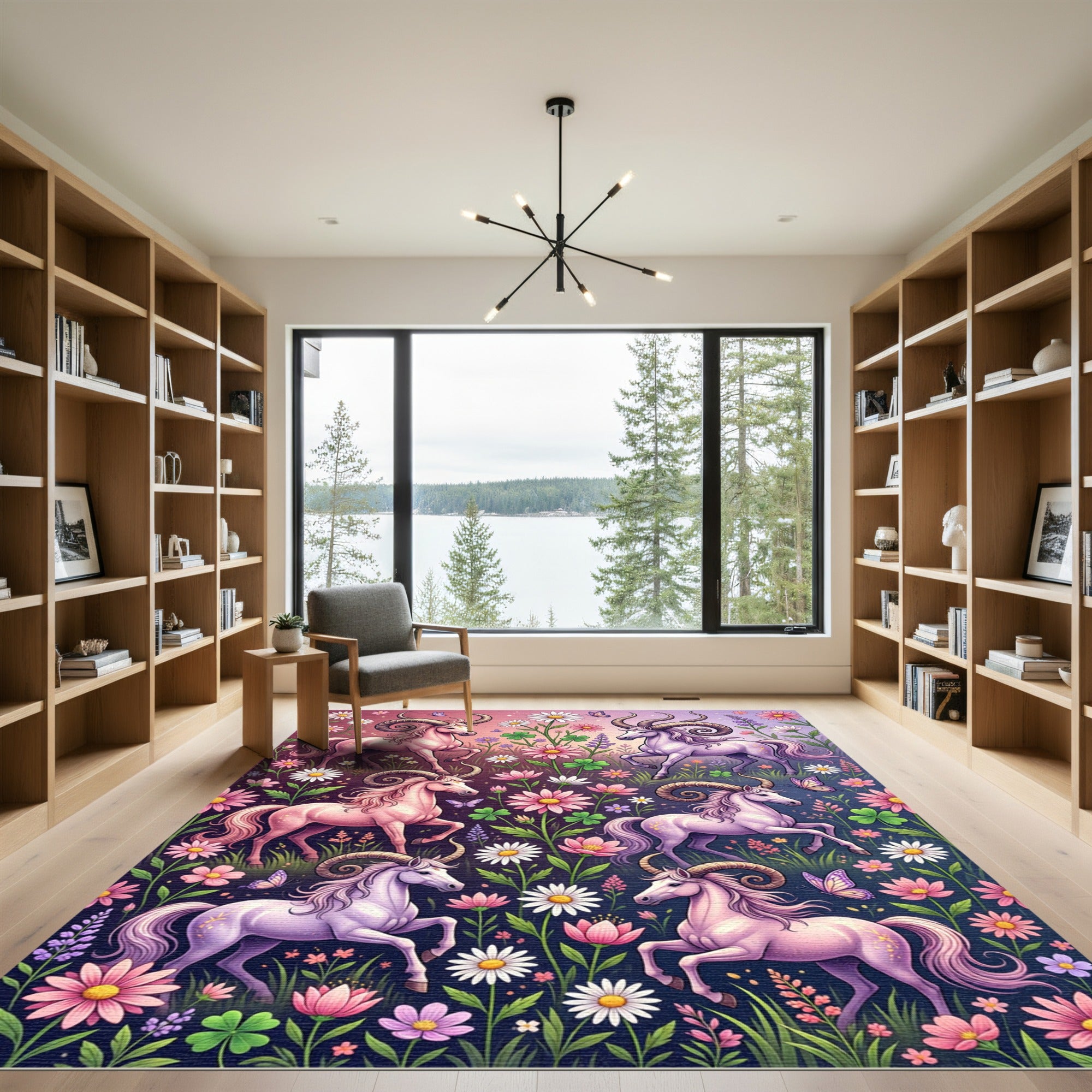 Whimsical Pink Horned Pegasus Floral Meadow Rug
