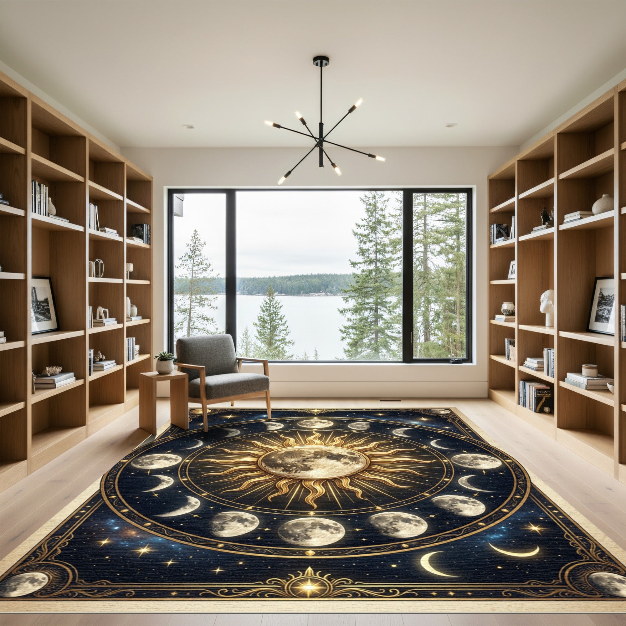 Celestial Lunar Phase Gold Sun Medallion Rug