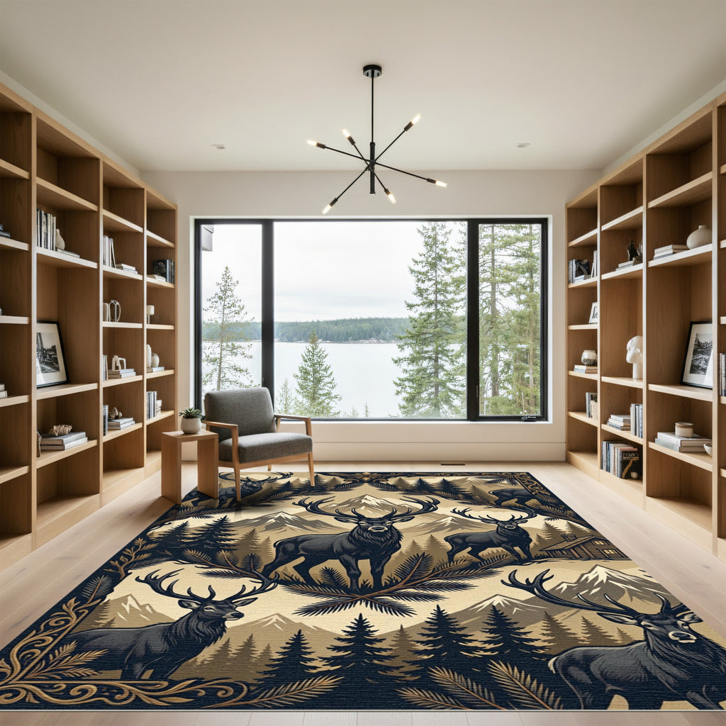 Rustic Dark Forest Elk Mountain Scene Rug