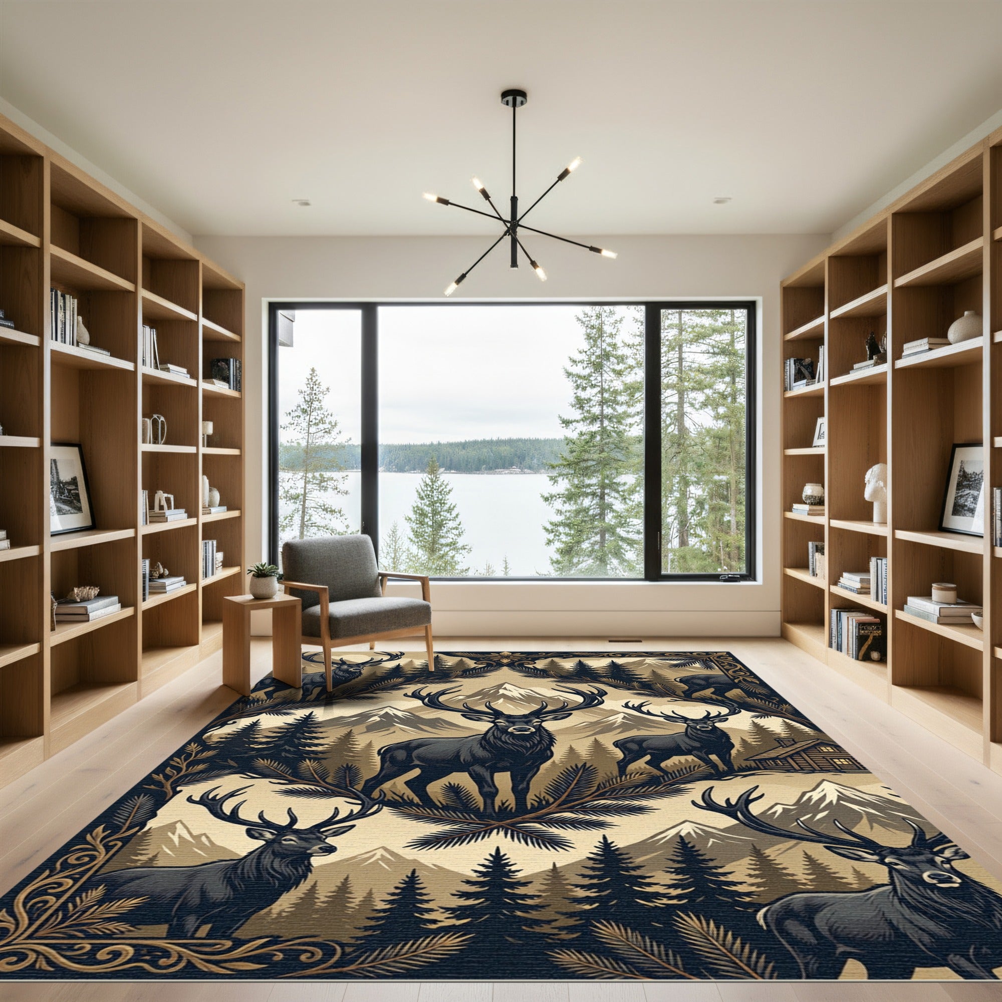Rustic Dark Forest Elk Mountain Scene Rug