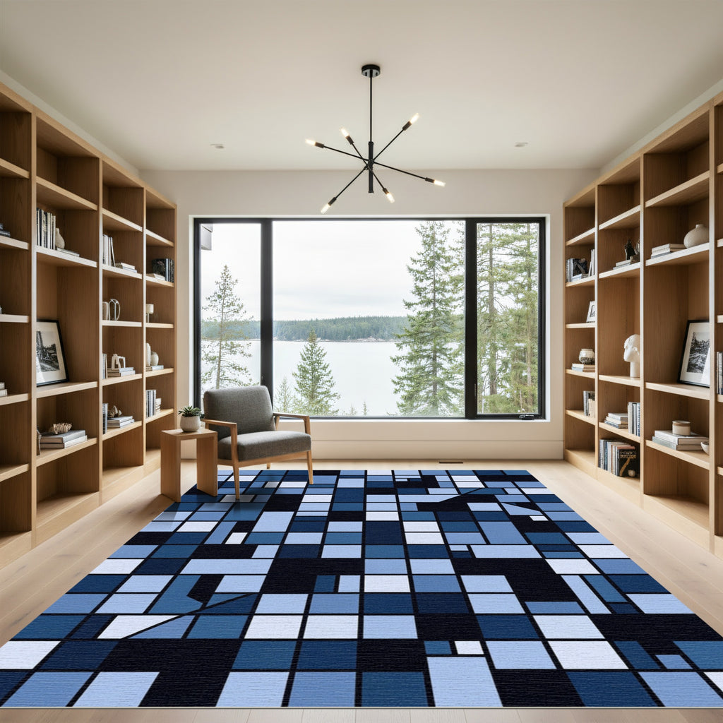 Deep Blue Geometric Rectangle Grid Rug