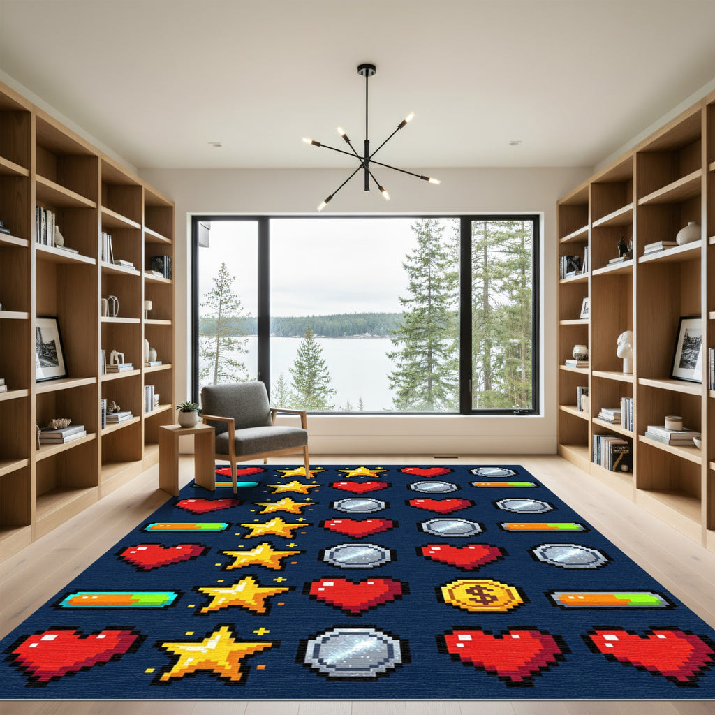 Pixelated Retro Gaming Icon Grid Rug