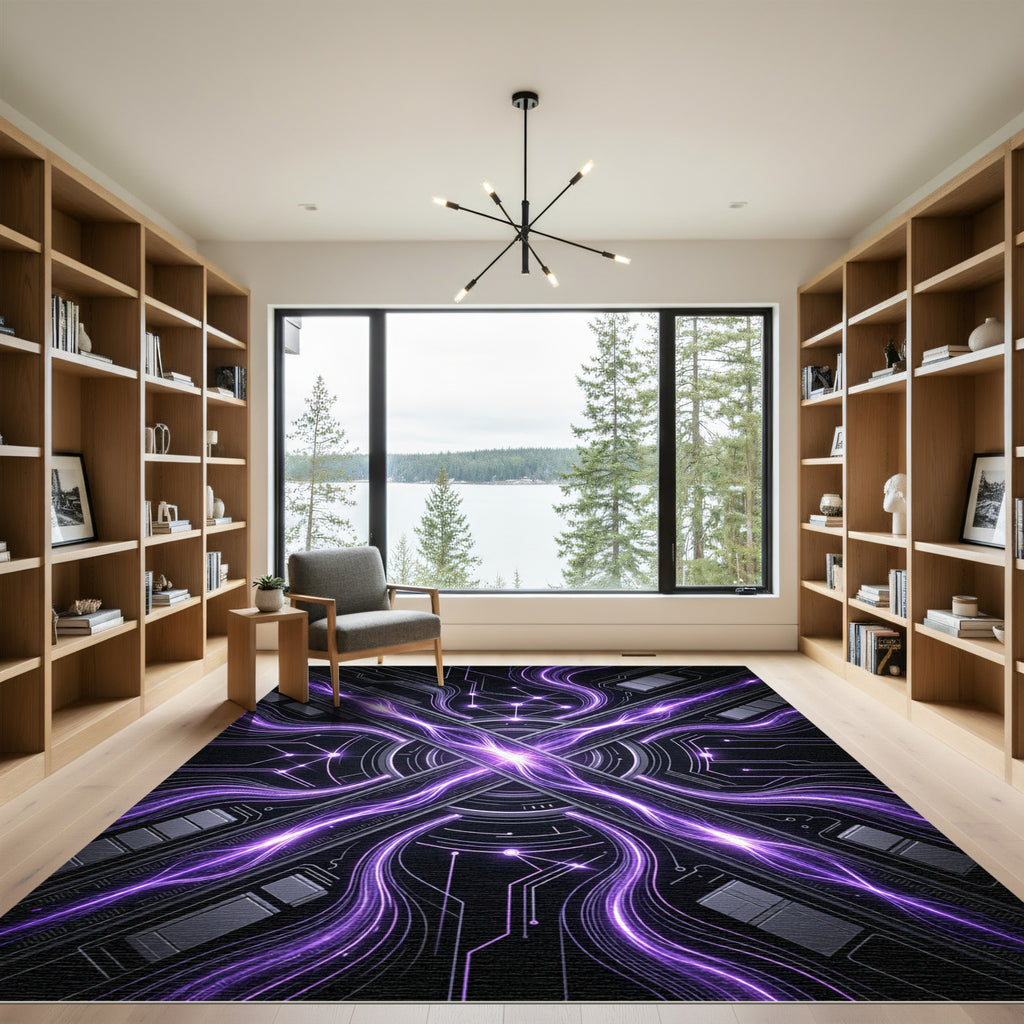 Futuristic Violet Circuitry Abstract Rug