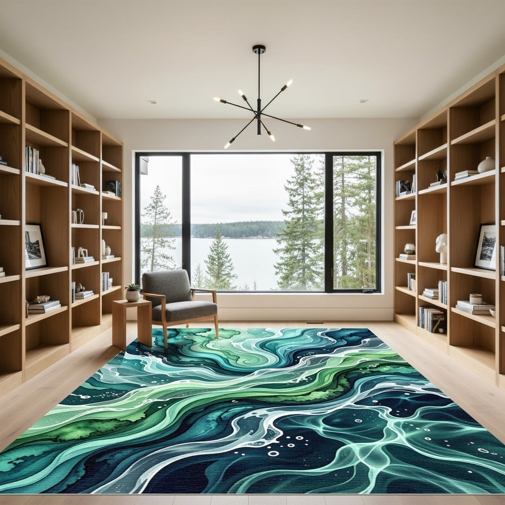 Emerald Teal Abstract Swirl Watercolor Rug