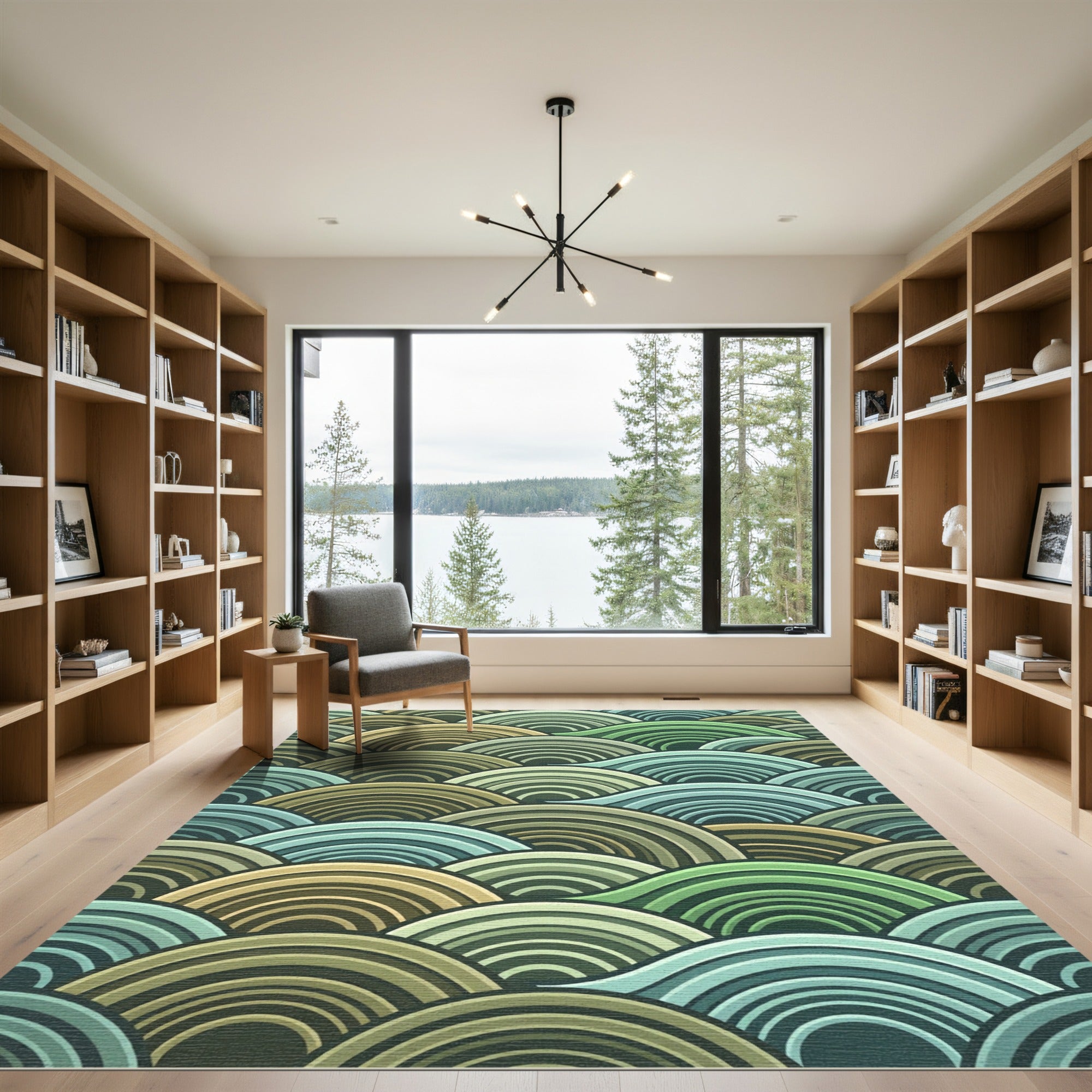 Earthy Green Blue Wave Ripple Rug