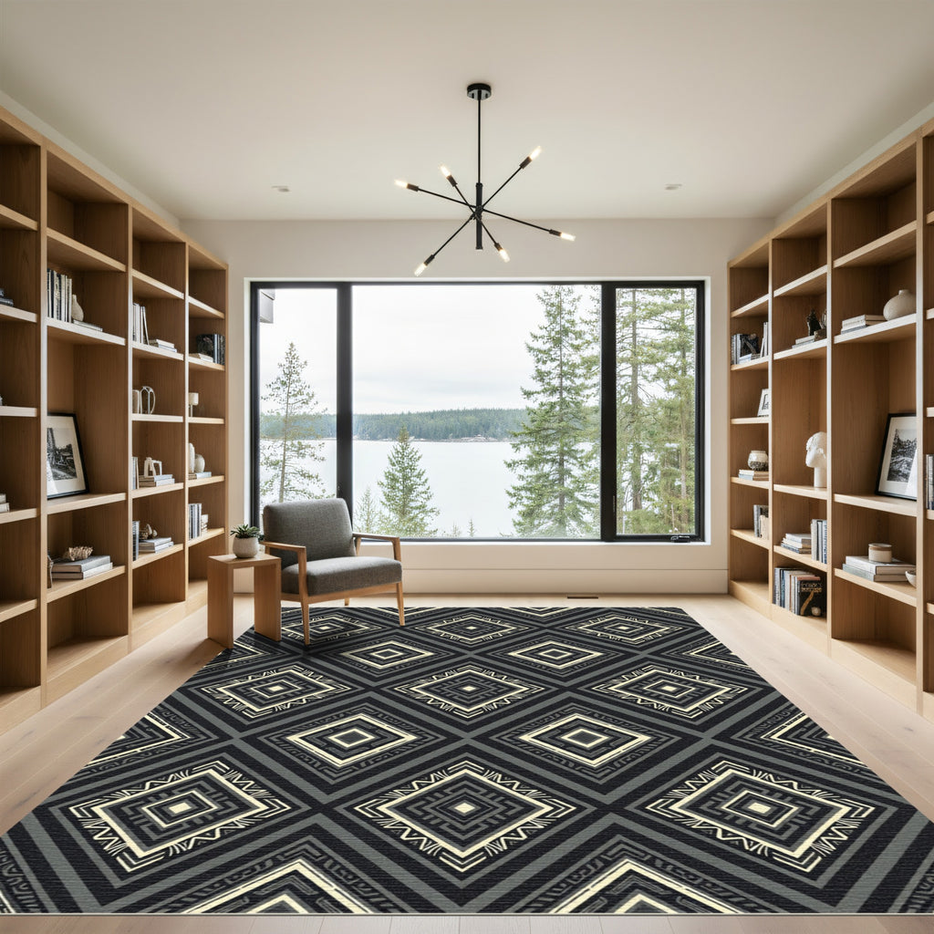 Monochromatic Charcoal Geometric Diamond Medallion Rug