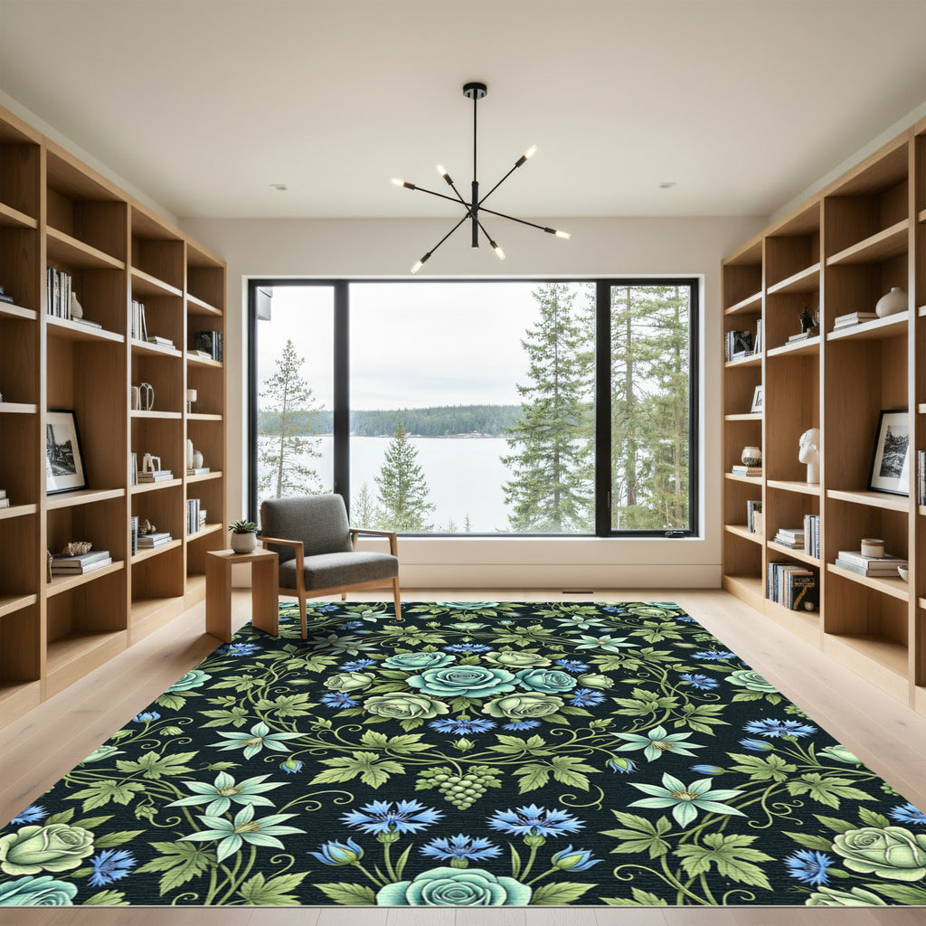 Botanical Blue Rose and Clematis Medallion Rug