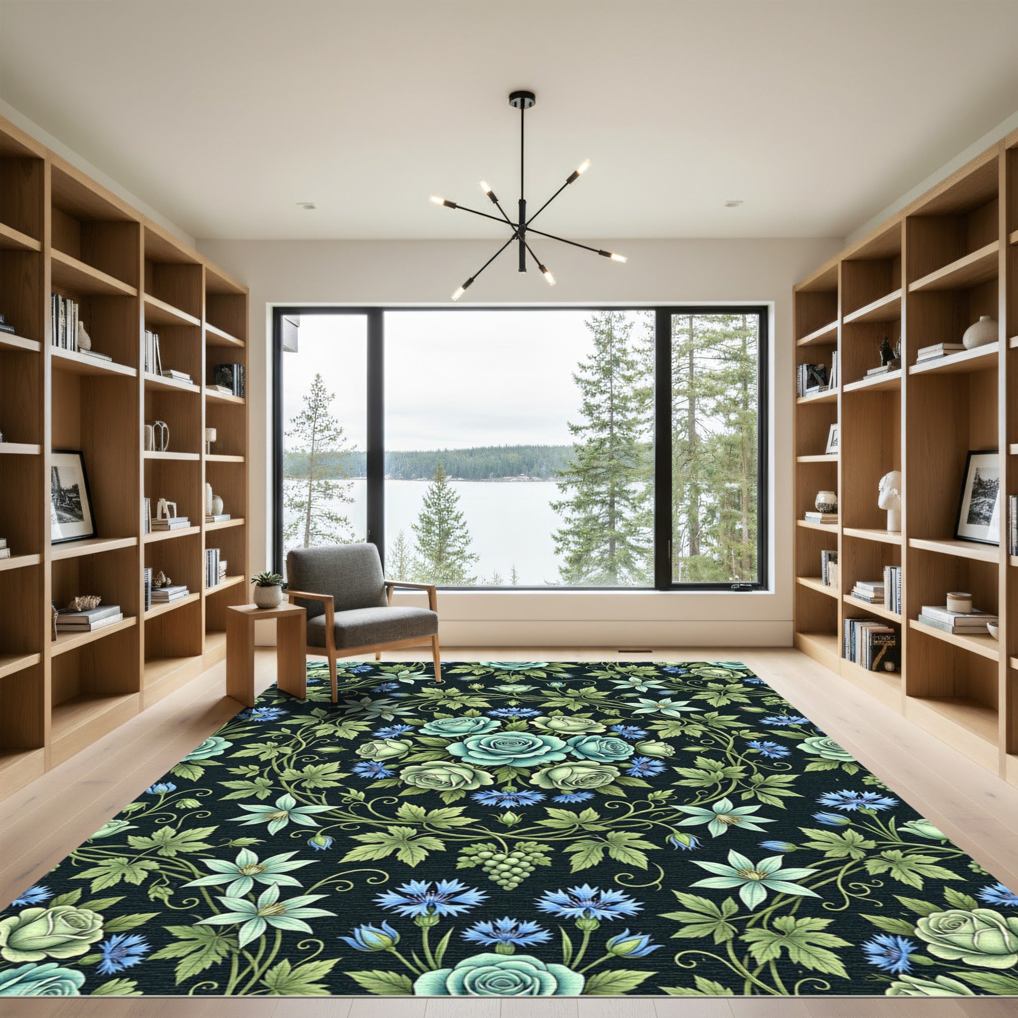 Botanical Blue Rose and Clematis Medallion Rug