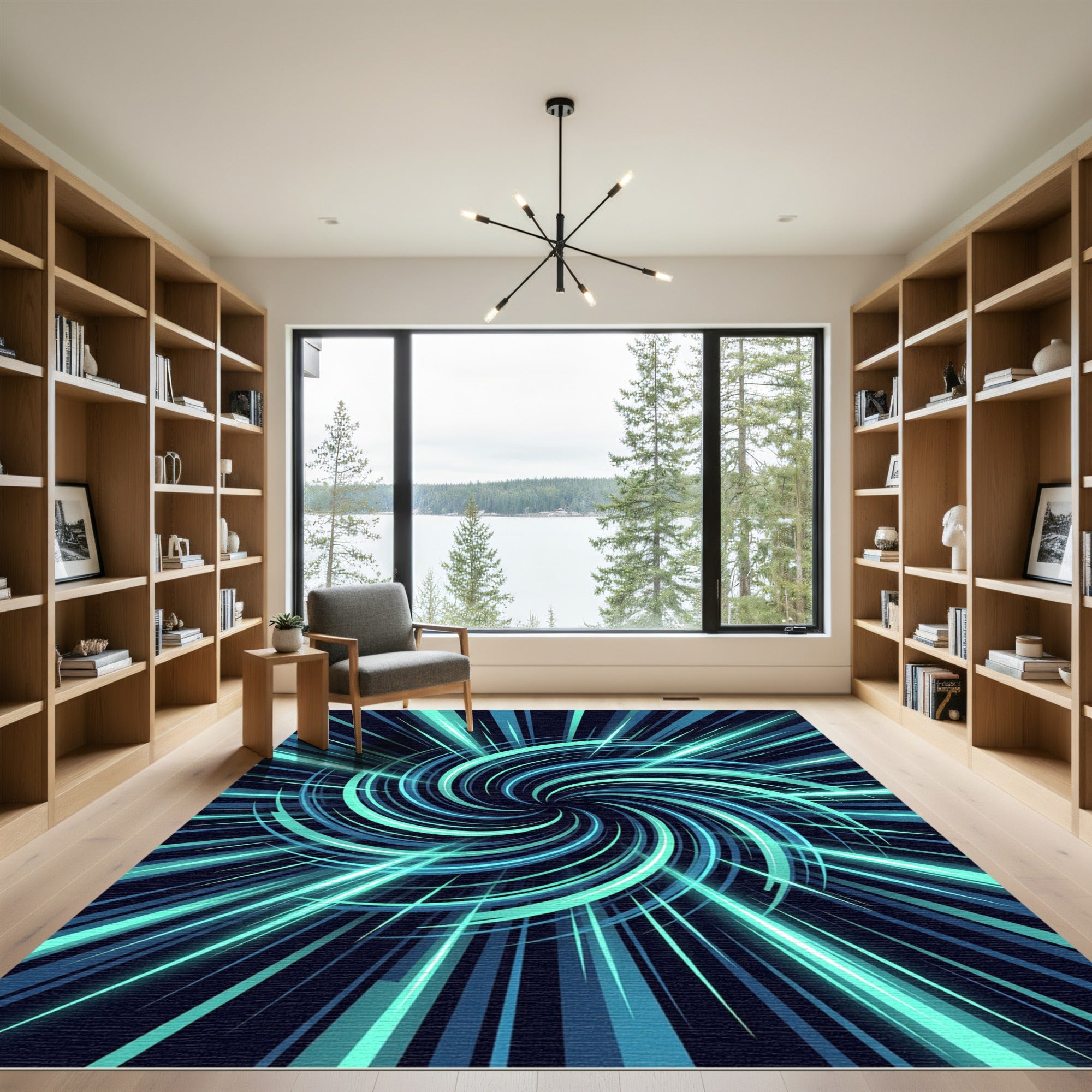 Electric Blue Neon Vortex Swirl Rug
