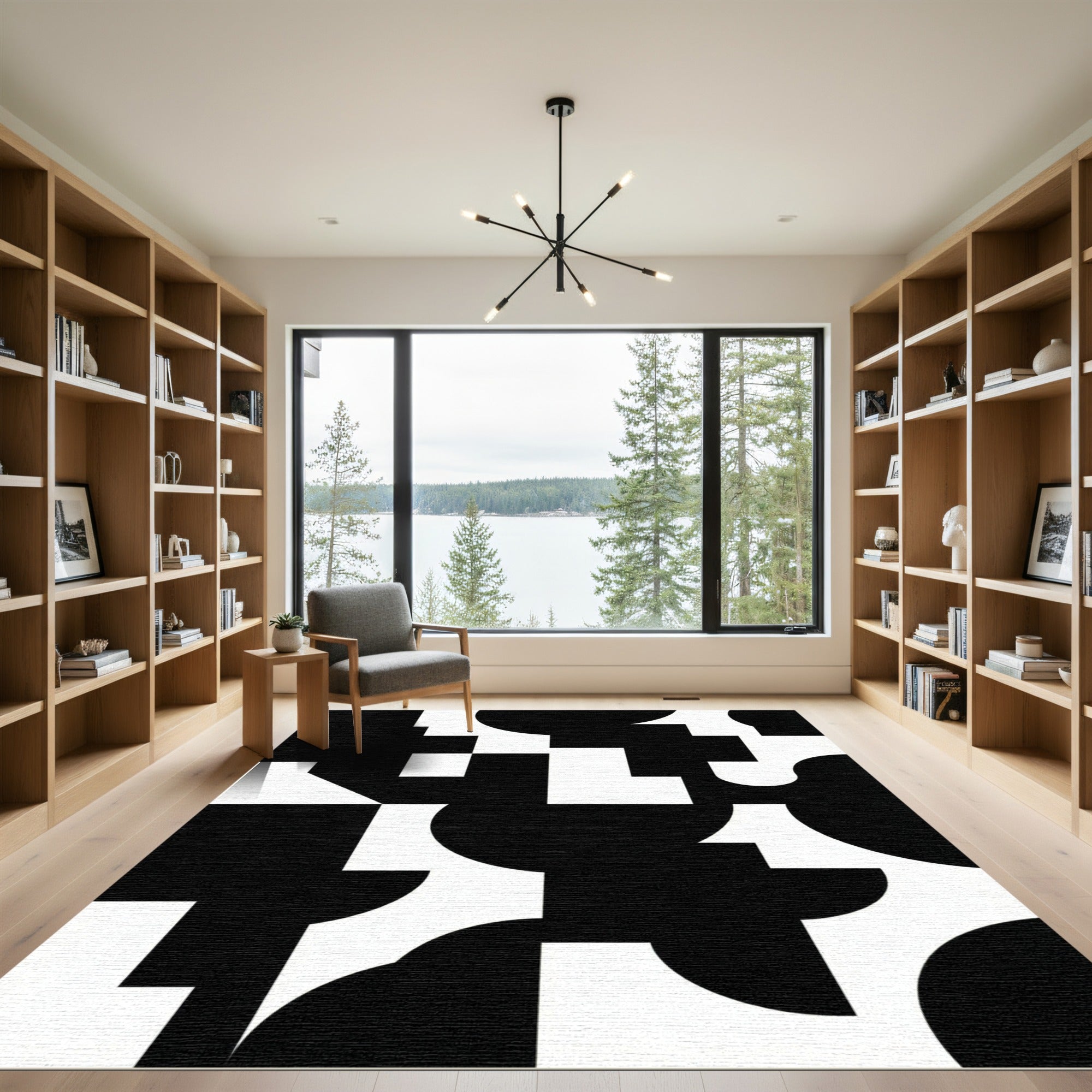 Black White Geometric Abstract Squares and Curves Rug